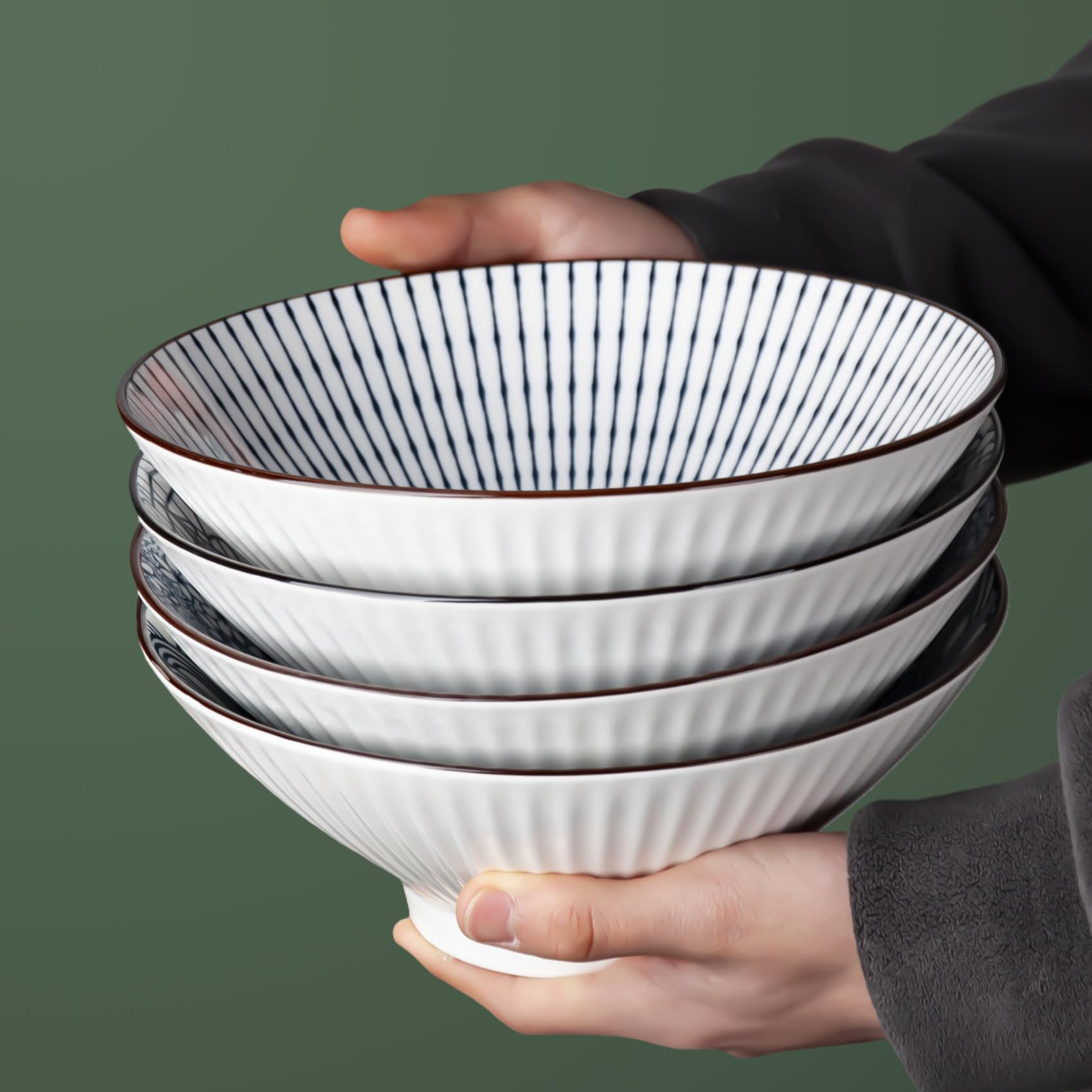 Yuanlity 38 oz Japanese Ramen Bowl Set of 4 - Large 8 Inch Ceramic Soup Bowls, Blue and White Japanese Noodle Bowls for Pho, Ramen, and Cereal - 4 Mixing Patterns