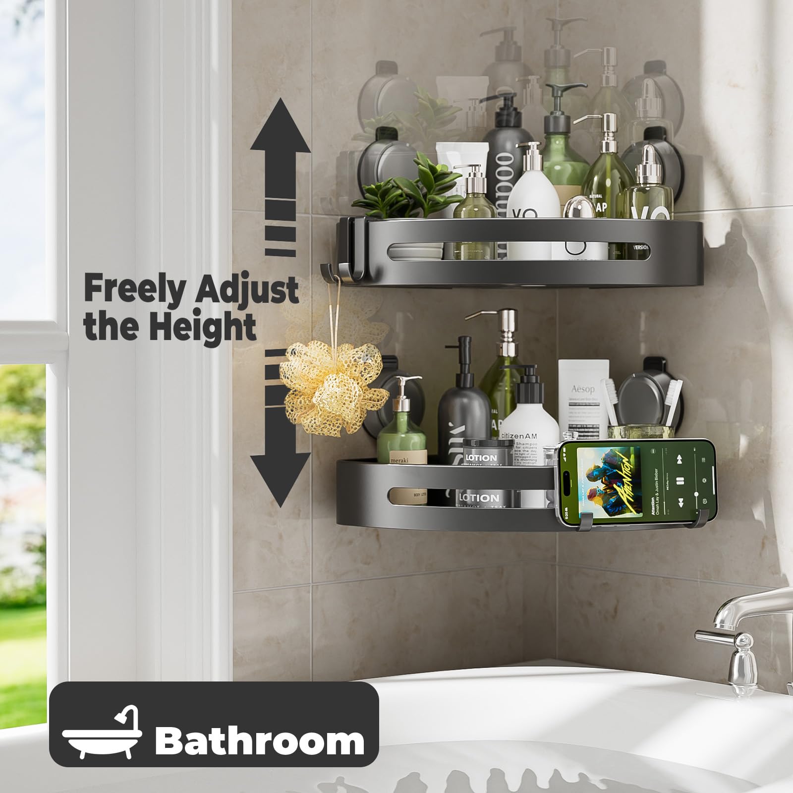 Shower Caddy Corner,Suction Cup Shower Caddy with Hooks,No Drilling Rustproof Aluminum Bathroom Organizers and Storage,Shelves for Bathroom Accessories Decor (2)