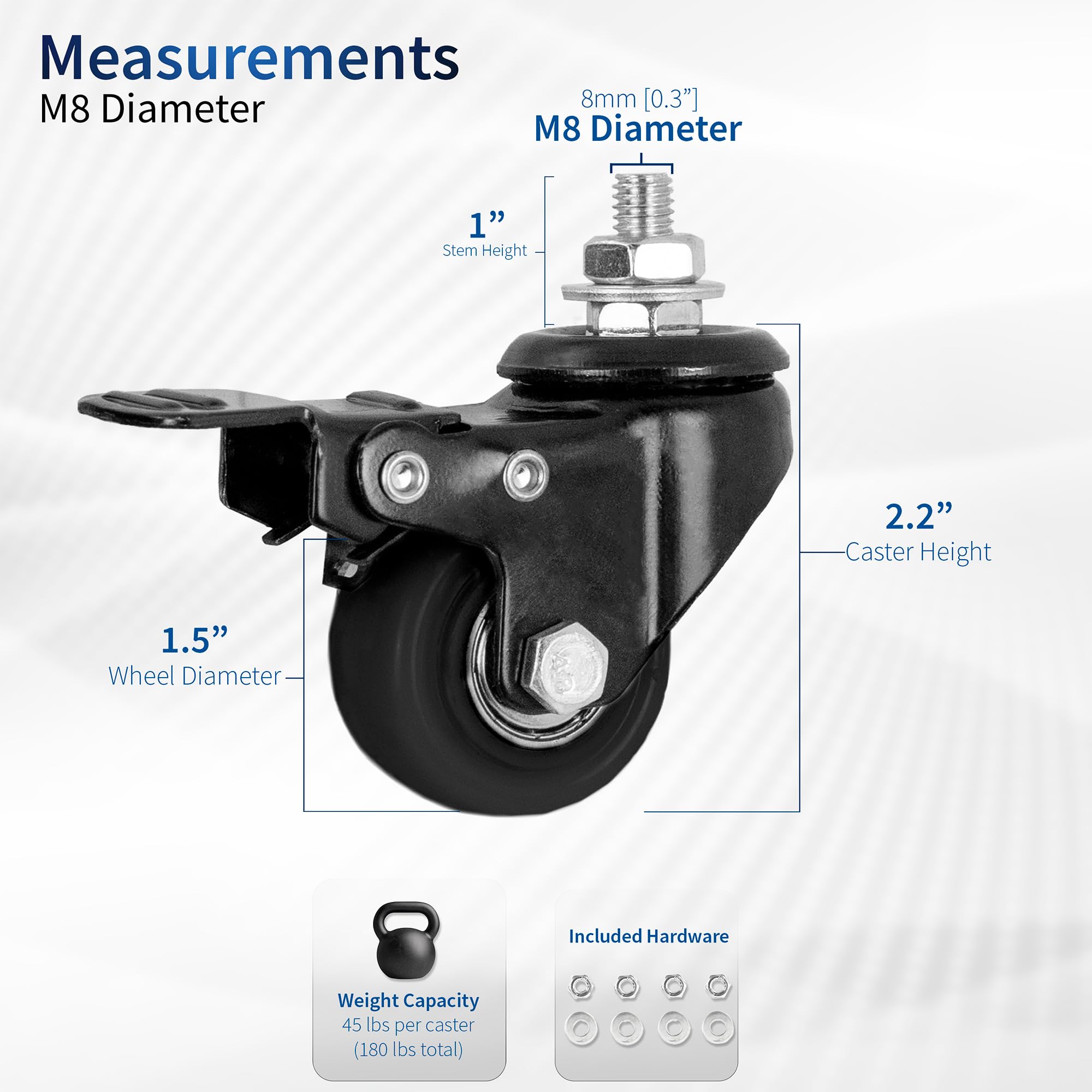 VIVO M8 Diameter Threaded Locking Caster Wheels, Set of 4, Swivel, Rubber Base, Brake, 1.5 inch Replacement Wheels for Standing Desk Frames, TV Stands, Carts, and More, PT-ST-015C