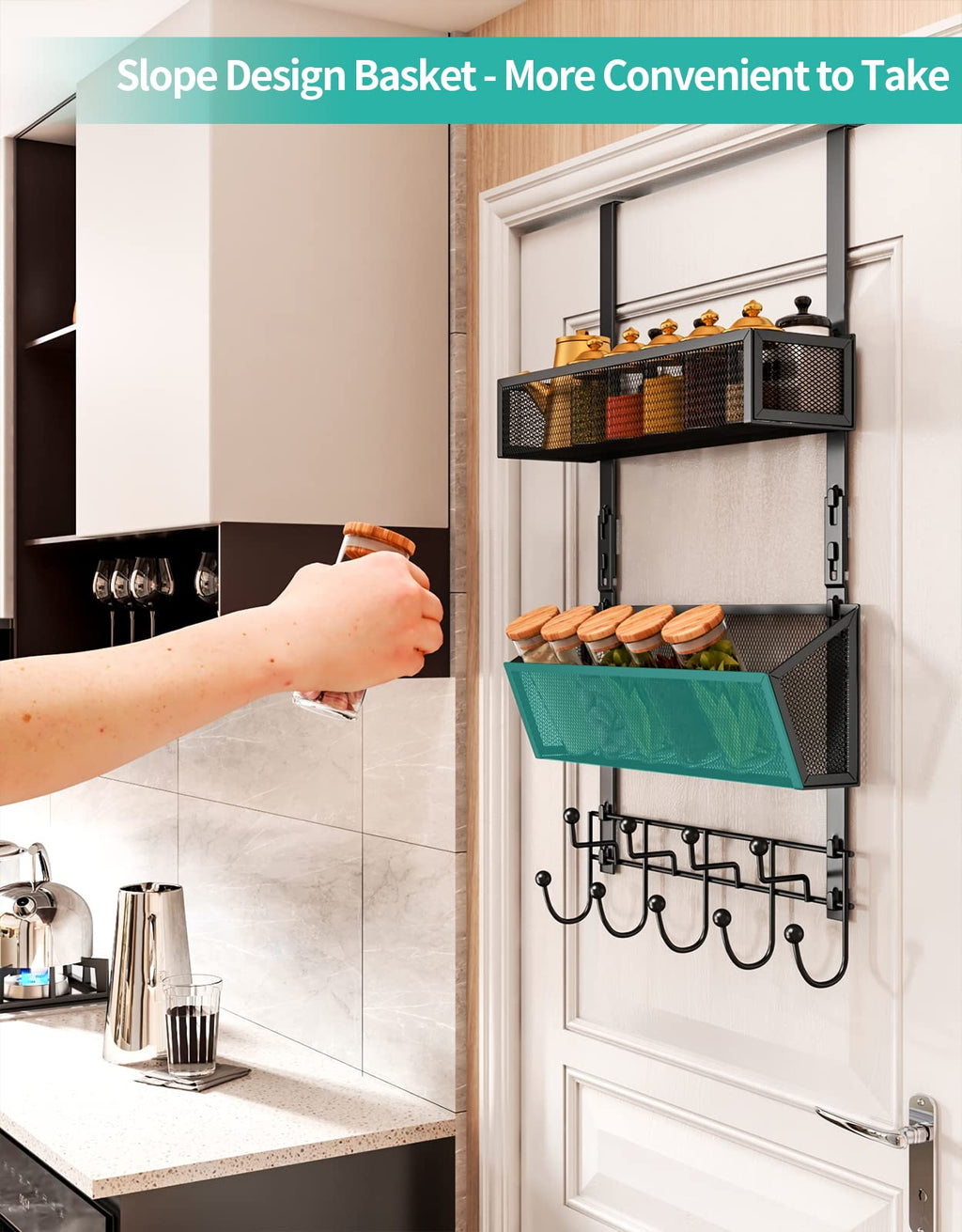HapiRm Over The Door Hooks Organizer - High Capacity Over Door Hanger, 9 Hooks + 2 Mesh Baskets Storage for Hanging Clothes Towels Bag, in Kitchen Bedroom, No Drilling Metal Hanging Organizer, Black