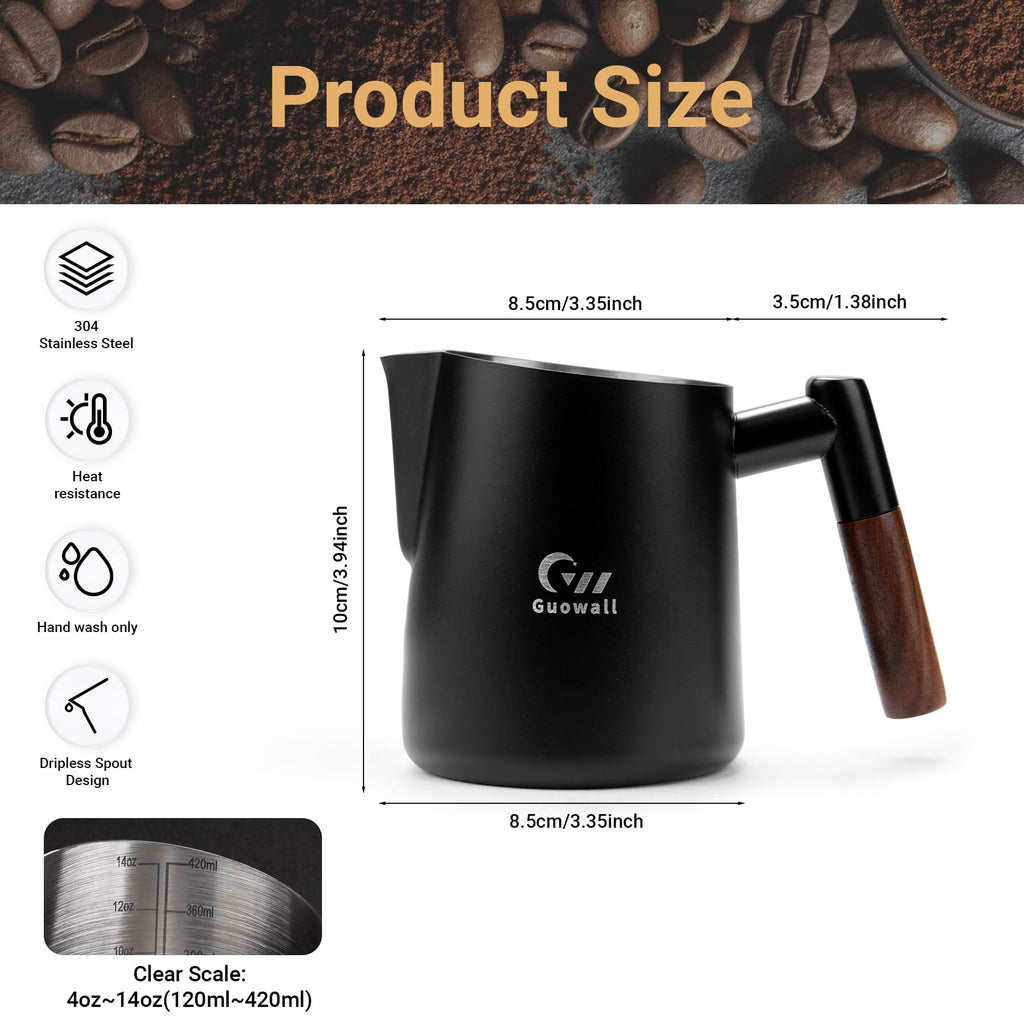 Guowall Milk Frothing Pitcher Stainless Steel Espresso Steaming Pitcher for Cappuccino Latte Art 14 oz (420 ml) Milk Jug Coffee Frother Cup with Wooden Handle - Black