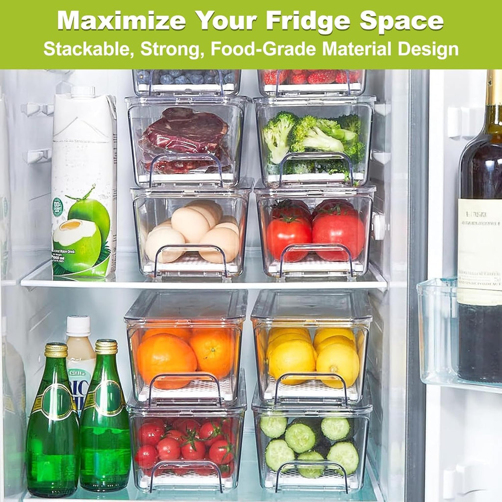 Brippo Pull-Out Fridge Organizer, 2-Pack Stackable Refrigerator Drawer Organizer Bins, Clear Vegetables, Food, Fruit Storage Containers with Lid and Strainer Layer