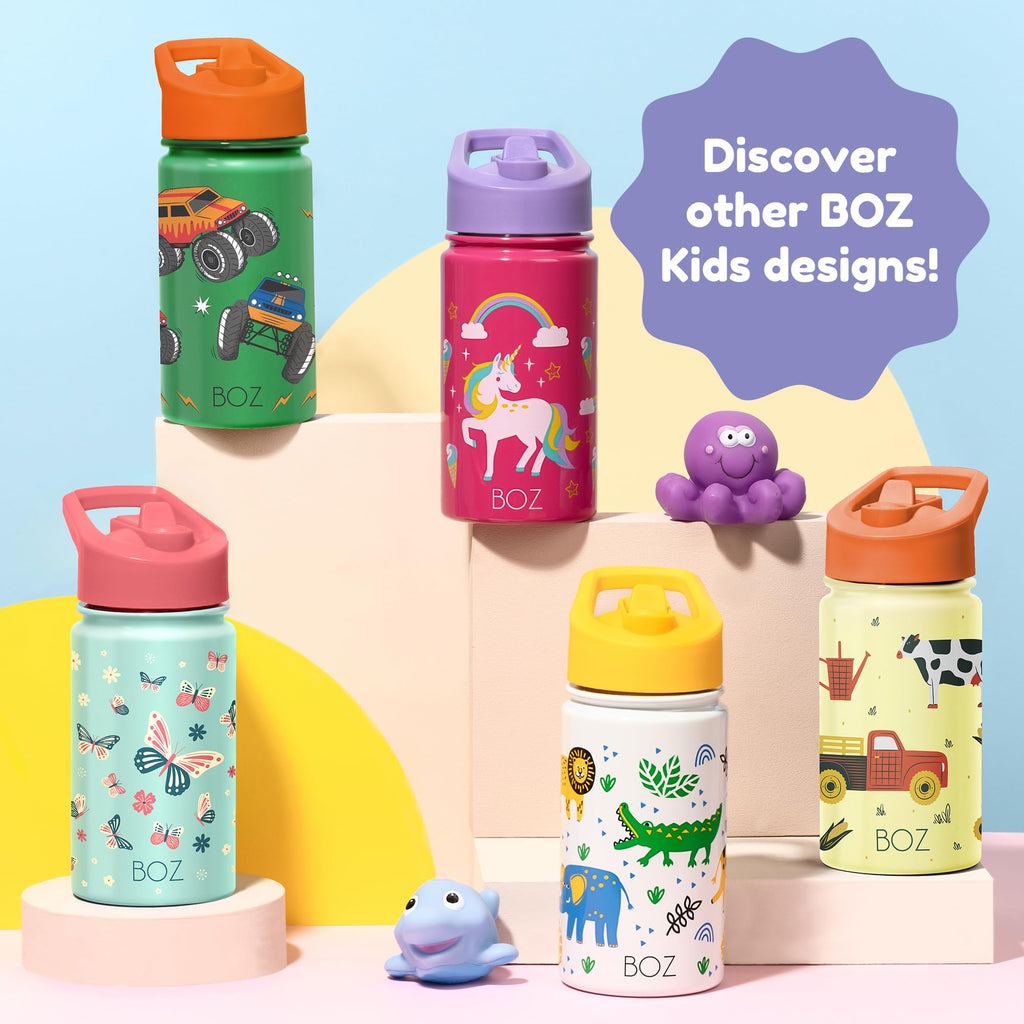 BOZ Kids Insulated Water Bottle with Straw Lid - Two-Pack Shark/Dinosaur Stainless Steel Vacuum Double Wall Toddler Water Bottle, 14 oz (414ml) Scratch-Resistant and Dishwasher-Safe Kids Water Bottle
