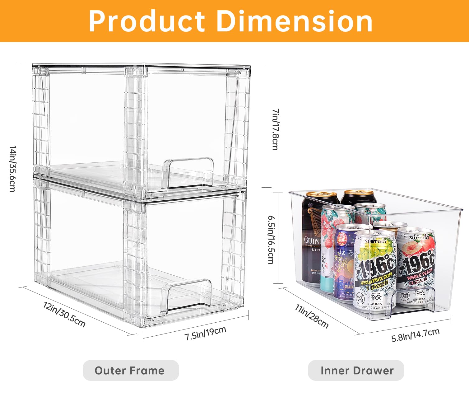 Zero Zoo 2Pack Large Stackable Kitchen Storage Drawers, Clear Foods Organizer Bins with Handles, Easily Assemble for Bathroom, Kitchen, Pantry, Cabinet, Closet (Down Handled)