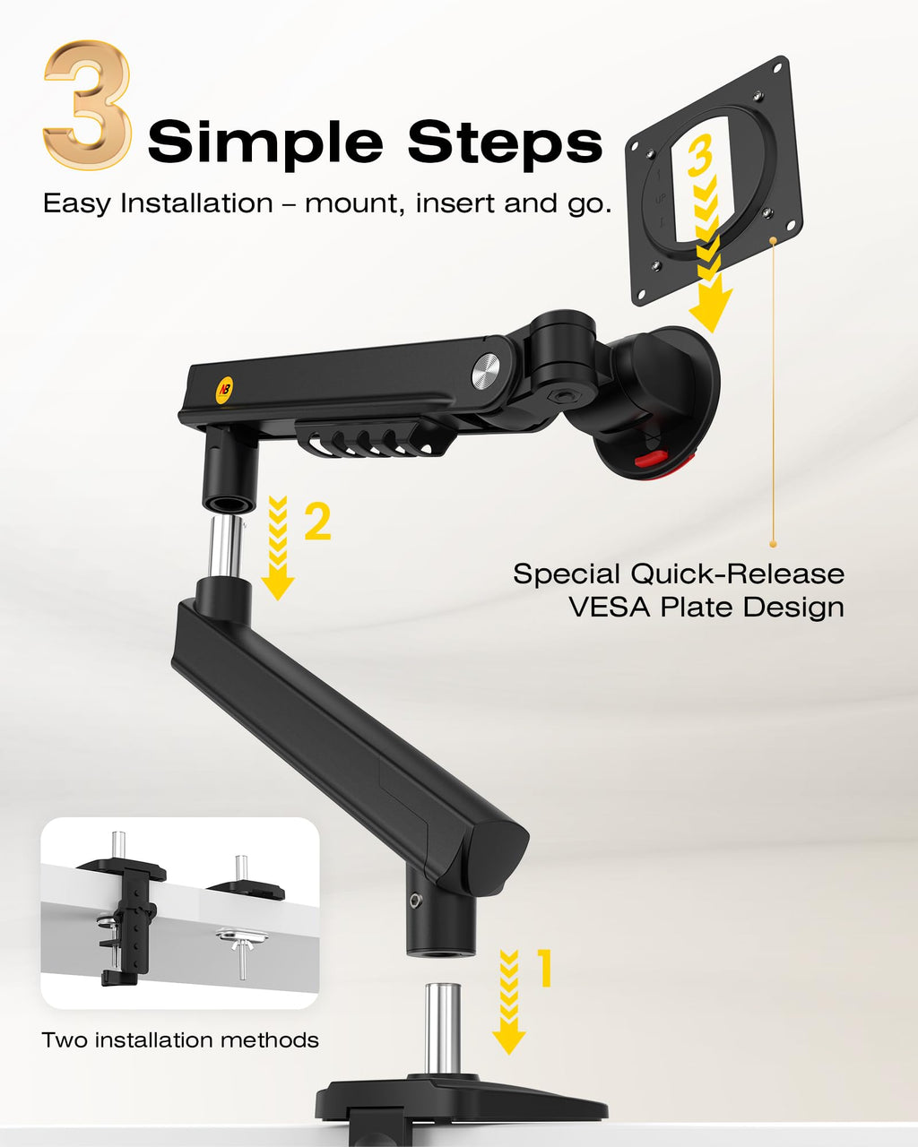 NB SmooVex™ Single Computer Monitor Mount, Monitor Stand fits up to 32 Inch, Mechanical Spring Monitor Arm, VESA 75/100 mm, Model-A5 (Black)