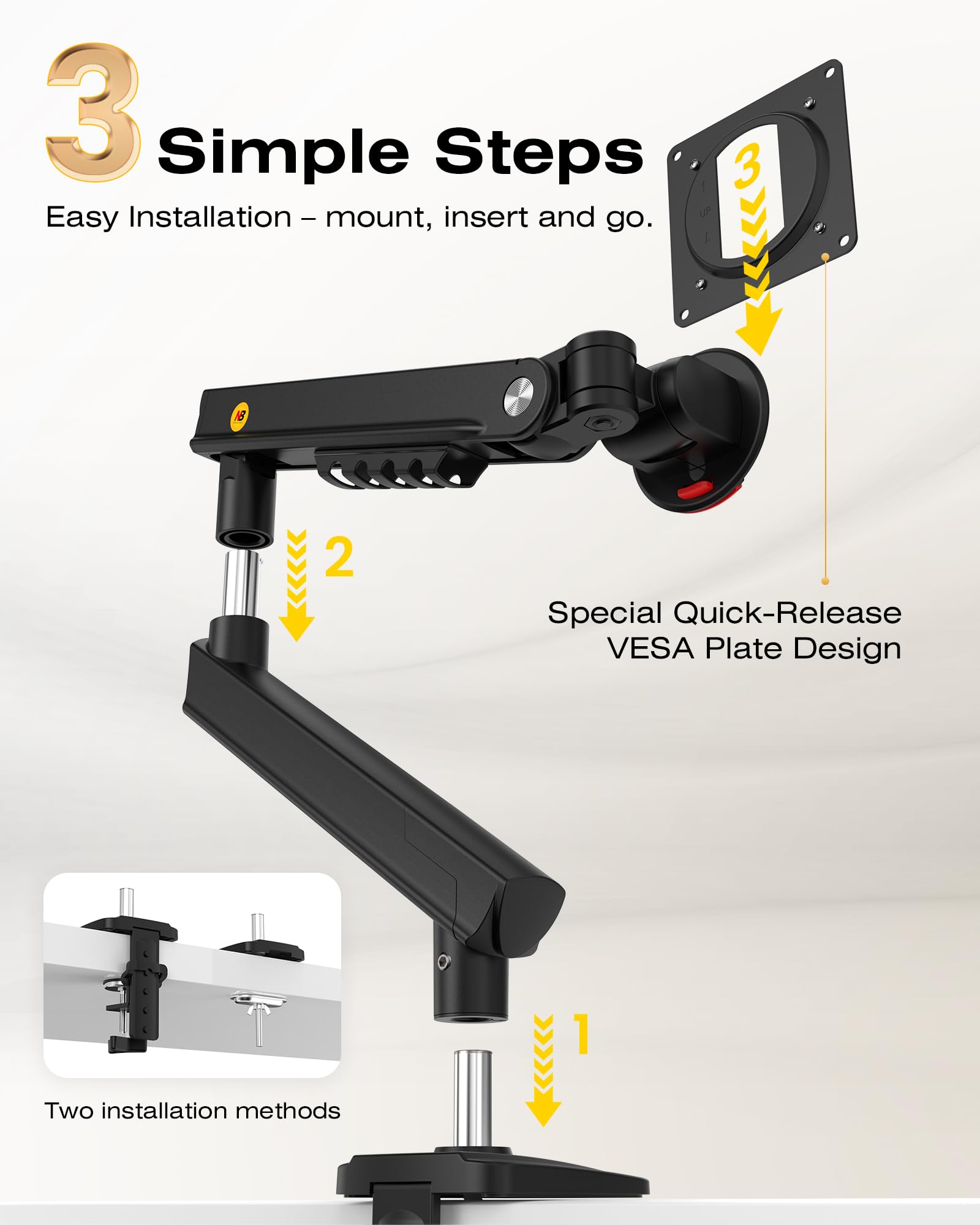 NB SmooVex™ Single Computer Monitor Mount, Monitor Stand fits up to 32 Inch, Mechanical Spring Monitor Arm, VESA 75/100 mm, Model-A5 (Black)