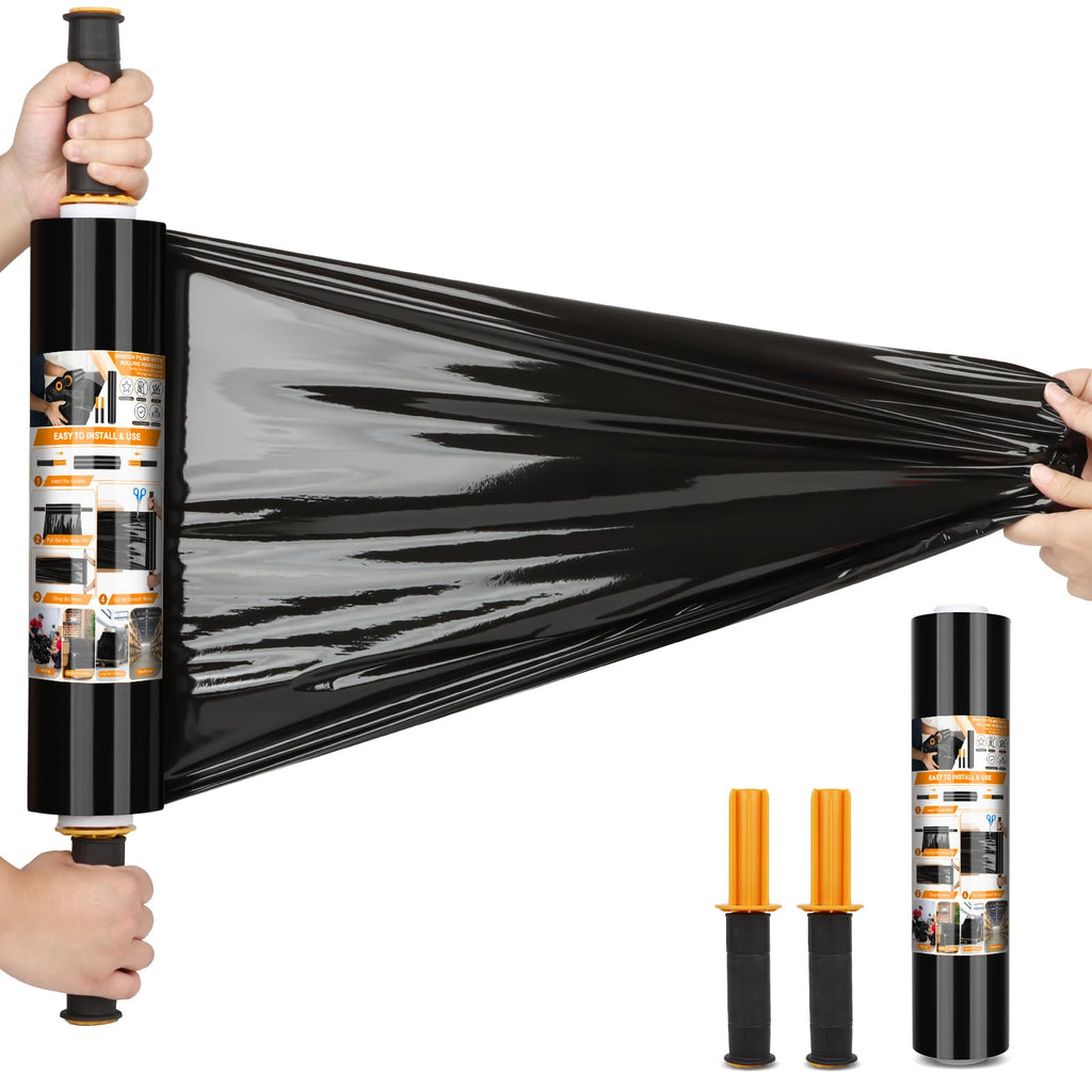 Origuuds Stretch Film, 80 Gauge Stretch Wrap with Handles, Industrial Strength Plastic Wrap for Moving, Pallet Wrap, Luggage, Furniture Wrapping, Packing (Black/15 Inch x 1000 Feet, 1 Roll)