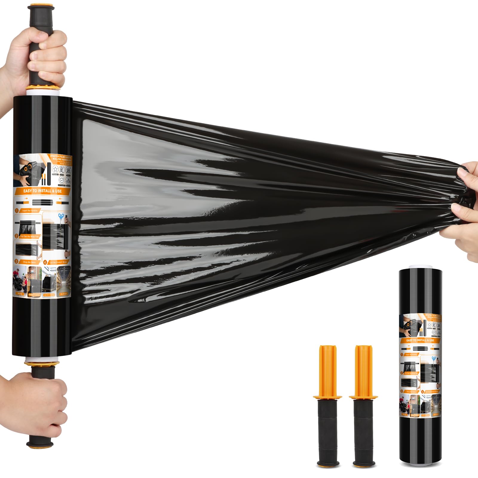 Origuuds Stretch Film, 80 Gauge Stretch Wrap with Handles, Industrial Strength Plastic Wrap for Moving, Pallet Wrap, Luggage, Furniture Wrapping, Packing (Black/15 Inch x 1000 Feet, 1 Roll)