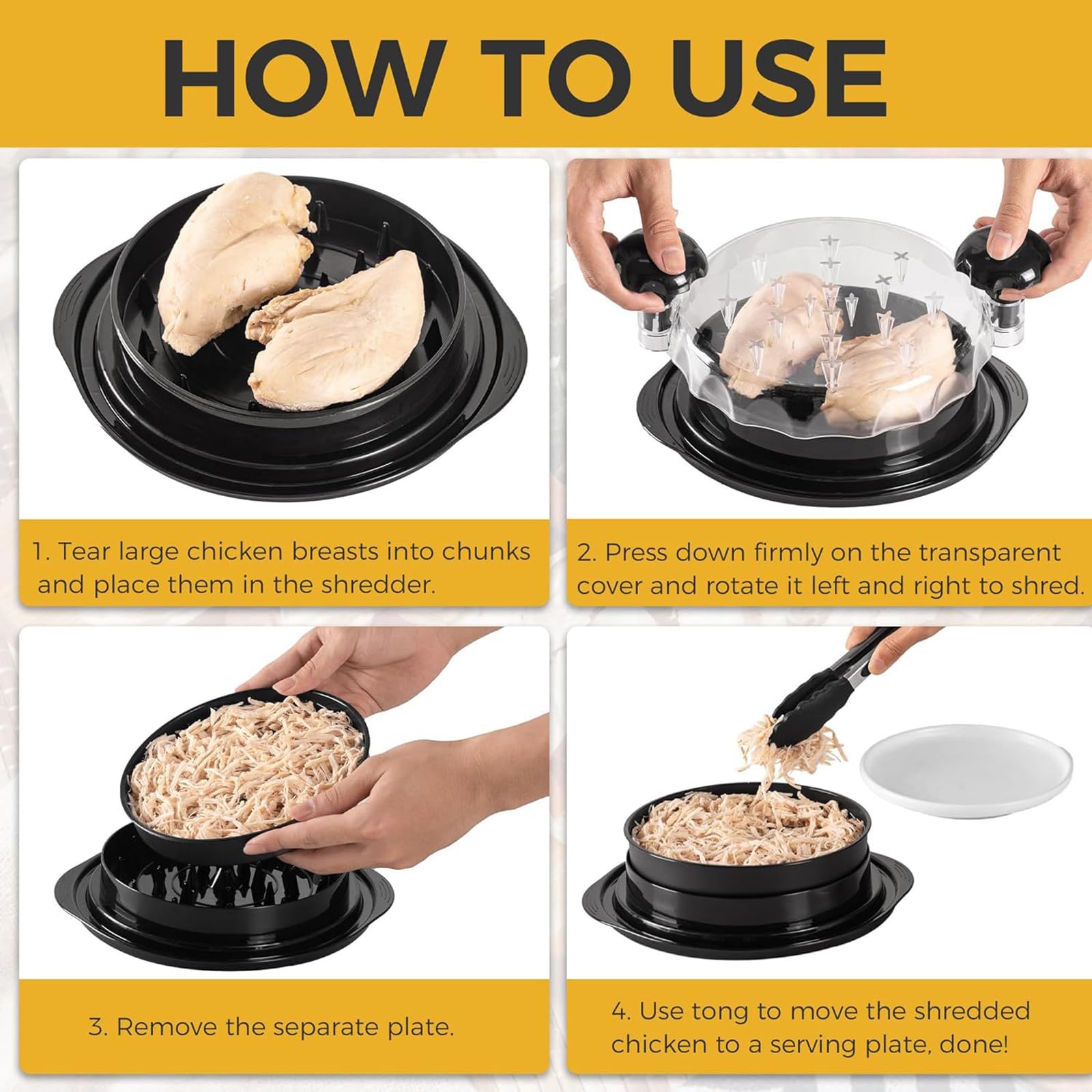 Chicken Shredder, Visible Chicken Fillet Shredder Tool,Dual Handle Design Cooked Chicken Meat Shredding Separation Tearing Stuffing Machine with Transparent Cover (Black)