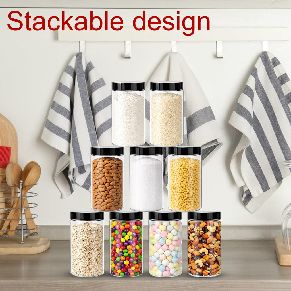 20 Pack Clear Plastic Jars with Black Lids, 14oz Wide Mouth Round Clear Stackable Cosmetic Container with Labels & Pen Empty Food Jars for Kitchen Storage Spices Beauty