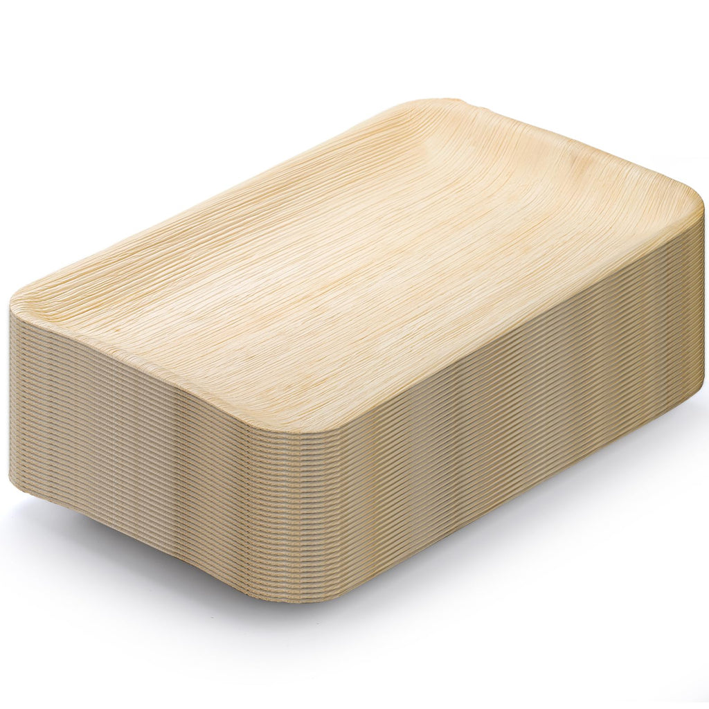 Dicunoy 20 PCS Disposable Paper Serving Plates, 14" x 9" Palm Leaf Plate, Charcuterie Boards, Rectangle Bamboo Wood Like Platters Trays, Heavy Duty Party Plates for Dinner, Weddings, BBQ, Catering