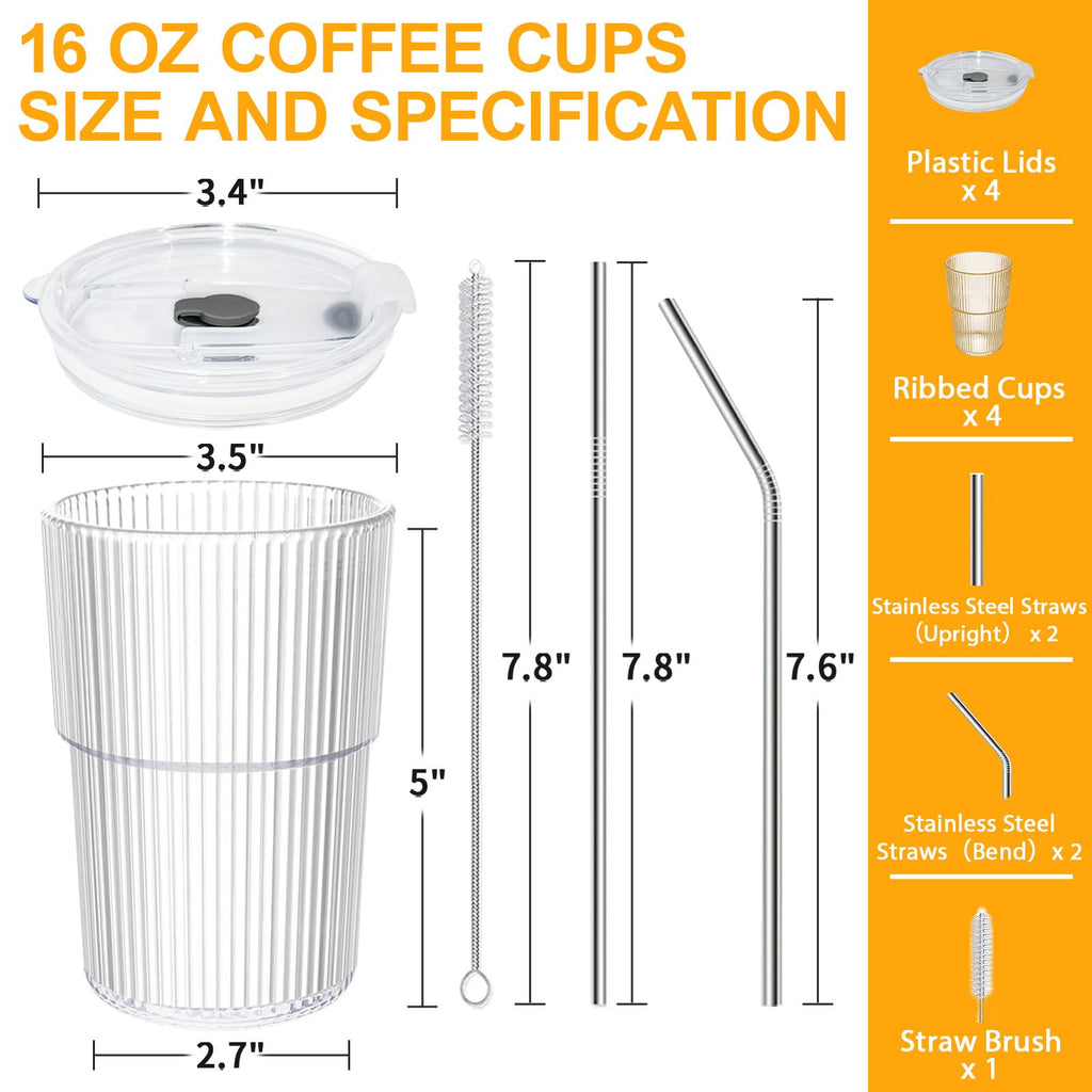 VAIIGO 16 OZ Iced Coffee Cup, Reusable Plastic Coffee Cups with Lids and Straws, Unbreakable Plastic Drinking Glasses Iced Coffee Glass to Go Coffee Cups, BPA Free, Dishwasher Safe, Set of 4