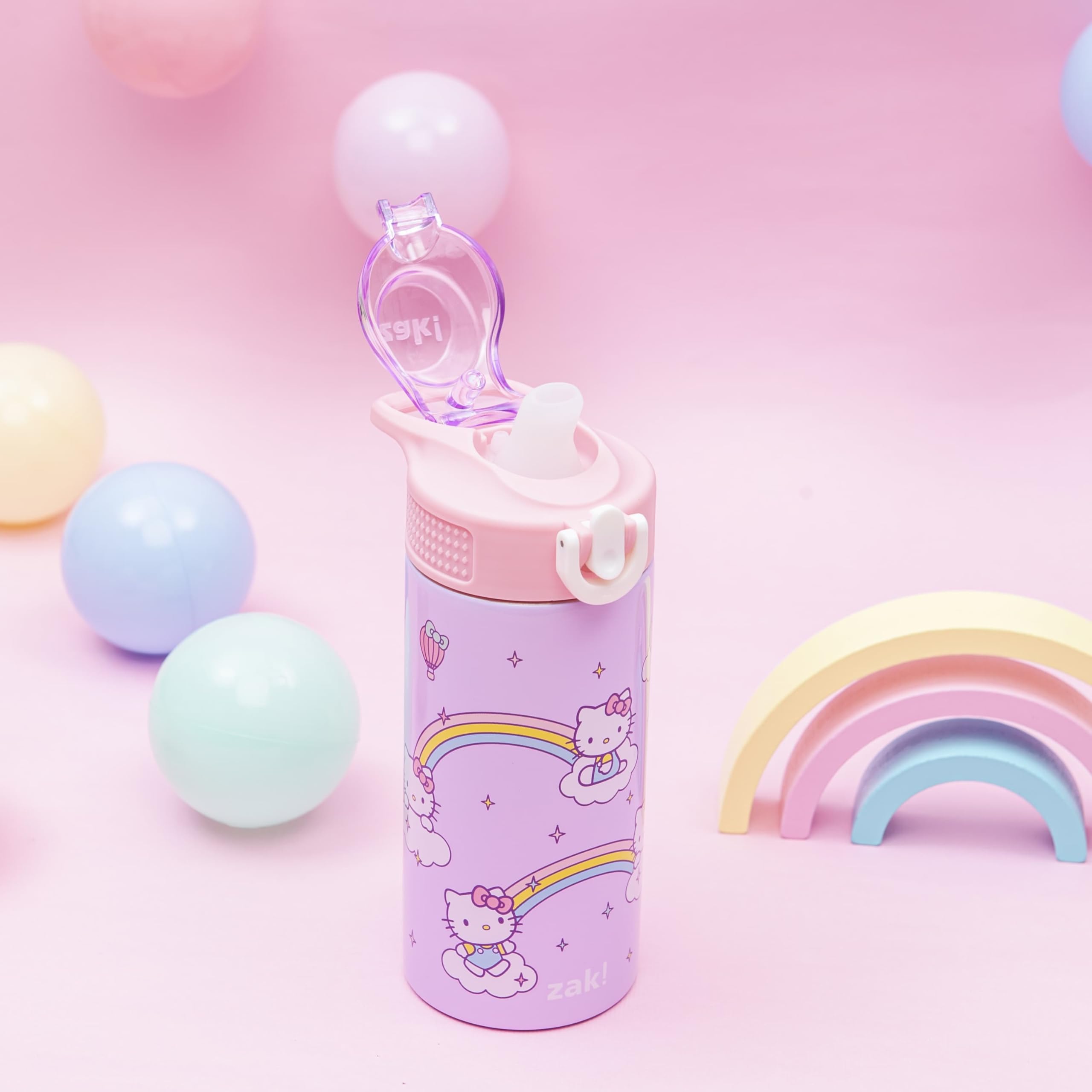Zak Designs Sanrio Sage Kids Water Bottle for School or Travel, 14oz Stainless Steel Water Bottle with Straw, Handle, and Leak-Proof, Pop-Up Spout Cover (Hello Kitty)