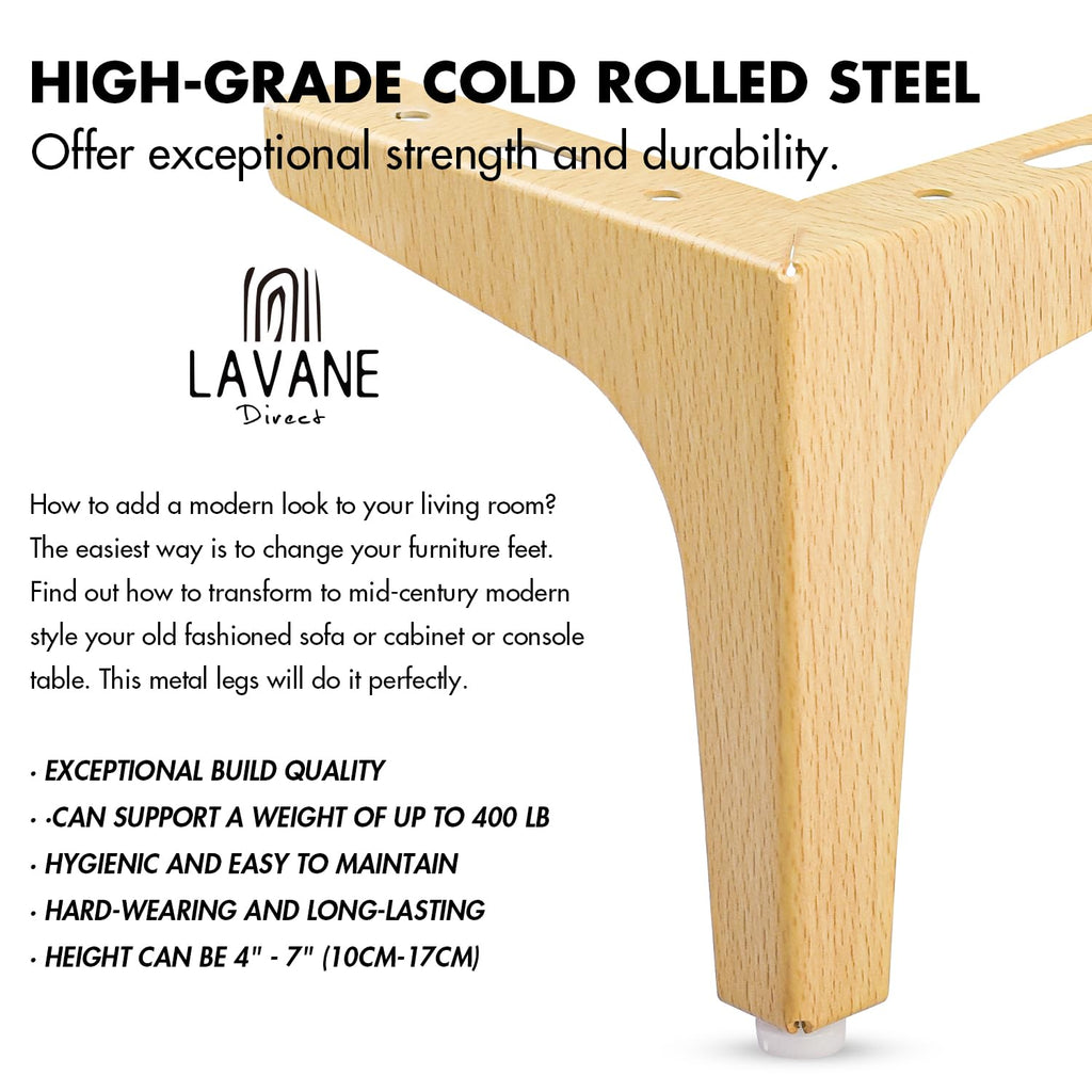 La Vane 6 Inch / 15cm Metal Furniture Legs, Set of 4 - Modern Diamond Triangle Natural Wood DIY Replacement Feet Corner Legs for Cabinet, Sofa, Sideboard, Couch, Dresser Makeover