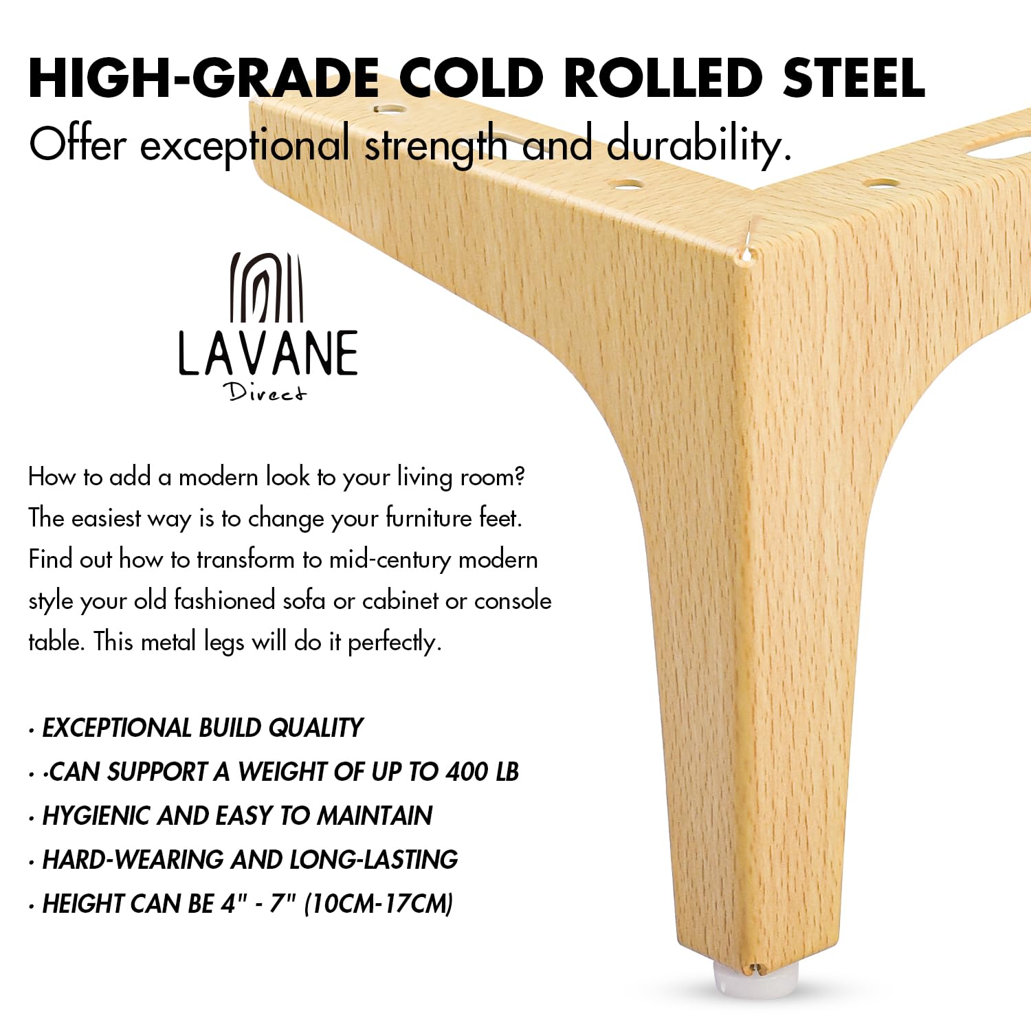 La Vane 6 Inch / 15cm Metal Furniture Legs, Set of 4 - Modern Diamond Triangle Natural Wood DIY Replacement Feet Corner Legs for Cabinet, Sofa, Sideboard, Couch, Dresser Makeover