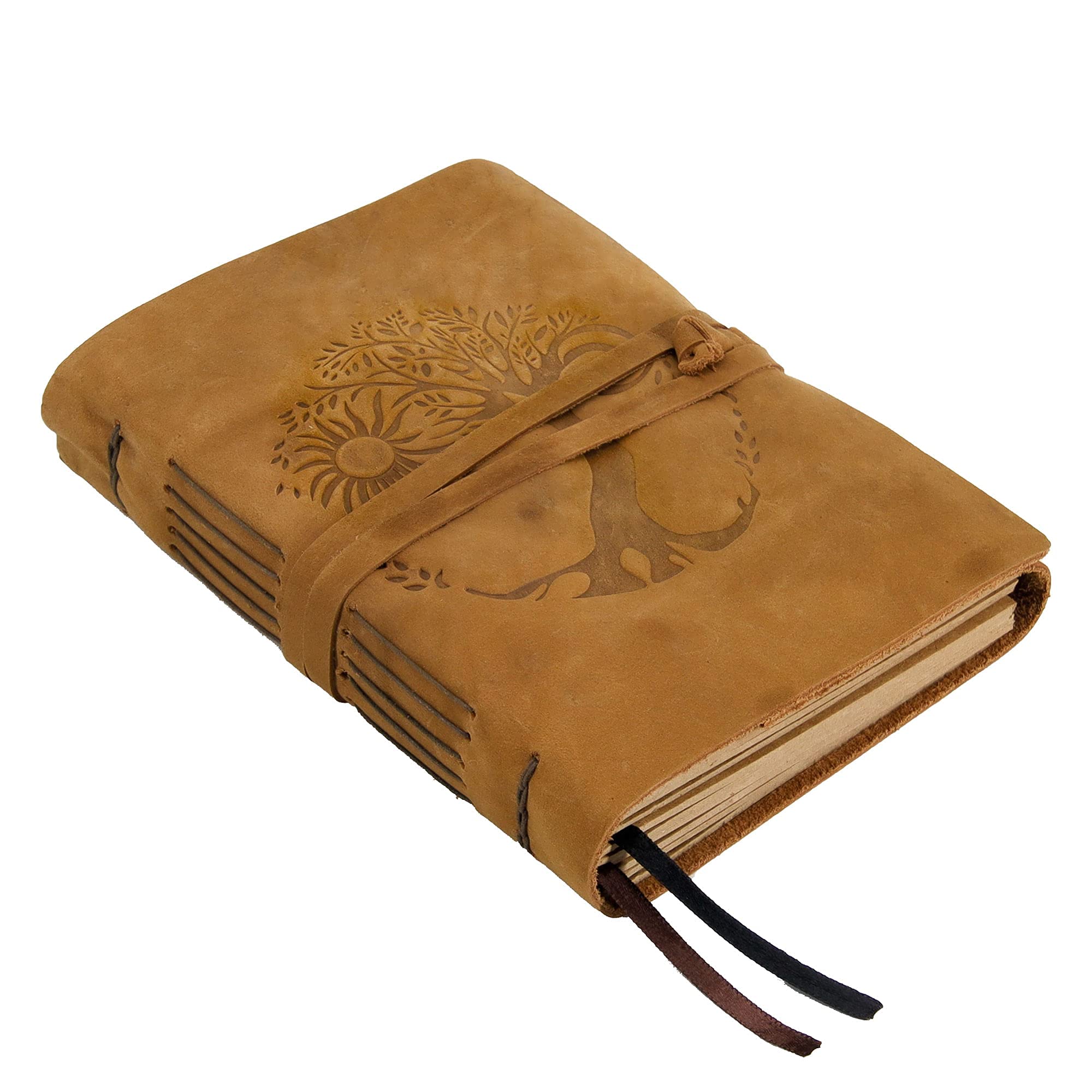 Leather Journal for women and men embossed 8 x 6 inch Handmade Lined craft paper tree of life sun and moon notebook writing notepad book of shadows journal (Brown)