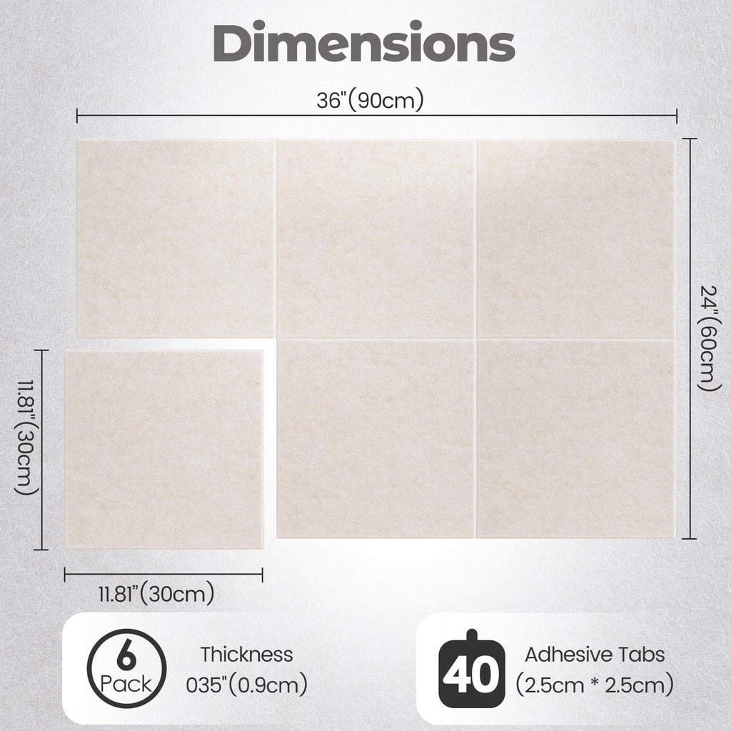 Large Felt Bulletin Board, 36" x 24" Cork Board Alternative 6 Pack Felt Wall Tiles Bulletin Board with 40 Safe Removable Adhesive Tabs, Wall Tiles Tack Push Pin Boards for Home Office Classroom