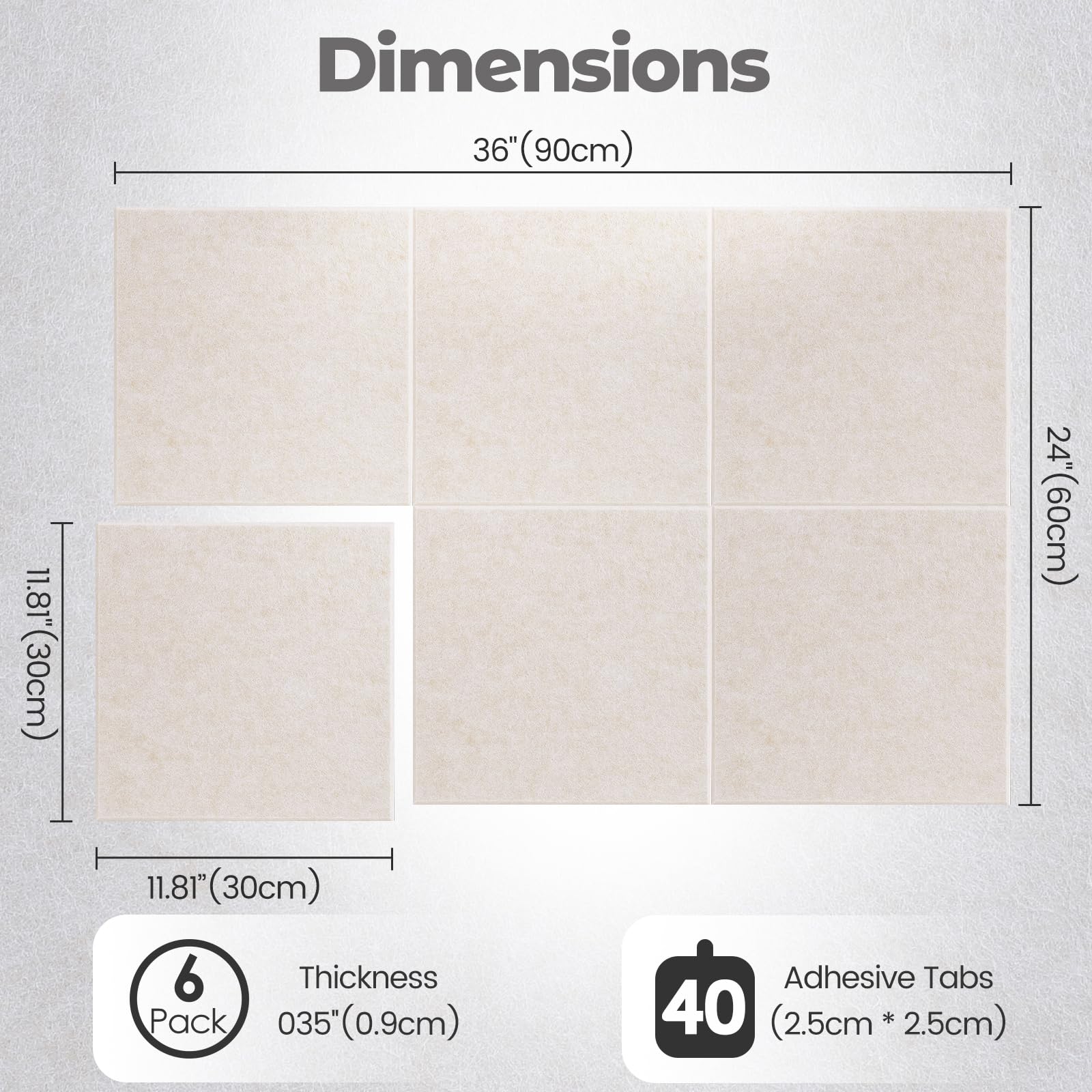 Large Felt Bulletin Board, 36" x 24" Cork Board Alternative 6 Pack Felt Wall Tiles Bulletin Board with 40 Safe Removable Adhesive Tabs, Wall Tiles Tack Push Pin Boards for Home Office Classroom