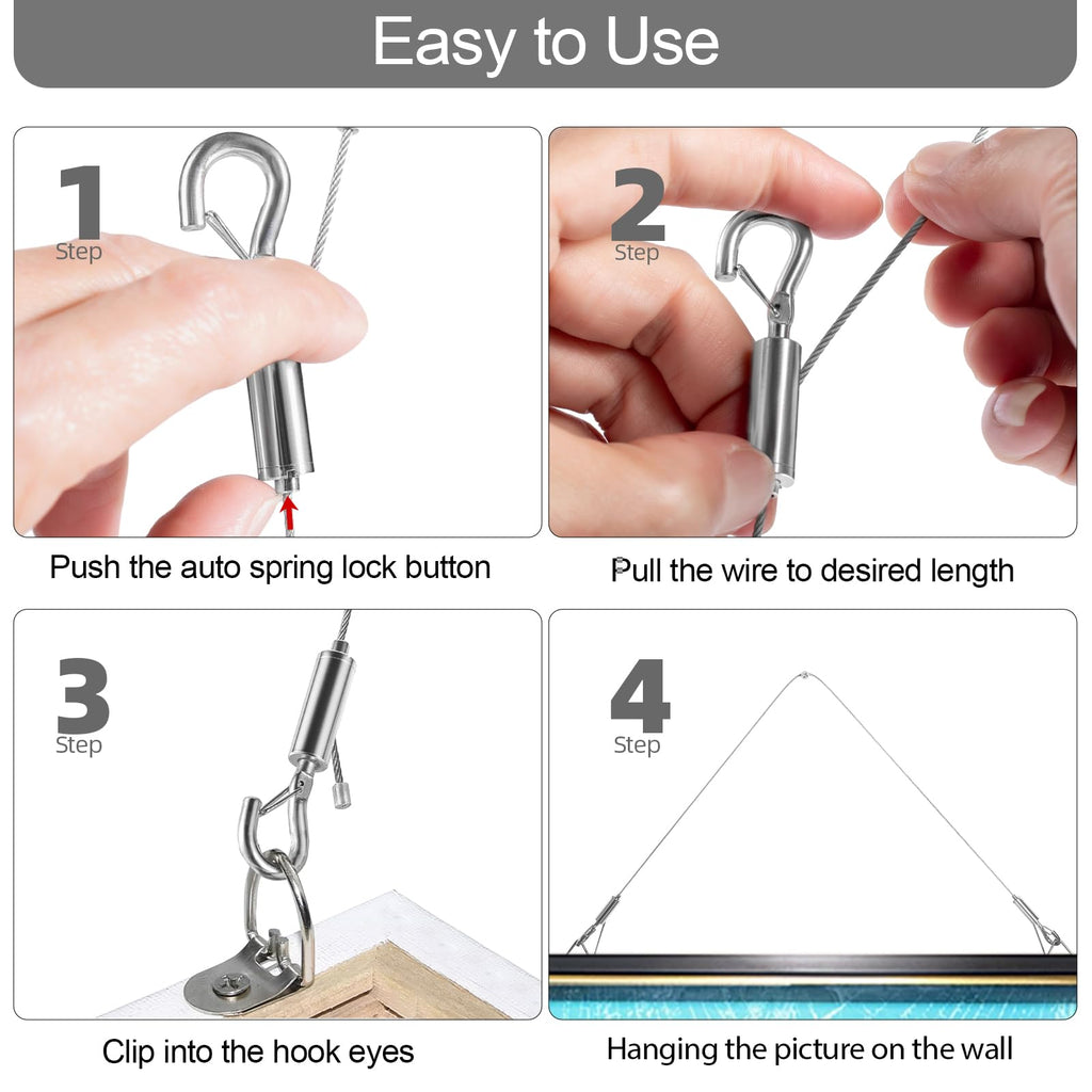 Adjustable Picture Hanging Wire, Upgrade Mirror Frame Hanging Kit, 6.6FT Heavy Duty Stainless Steel Wire Rope, Supports Up to 100lbs (Silver, 4PCS-6.6FT)