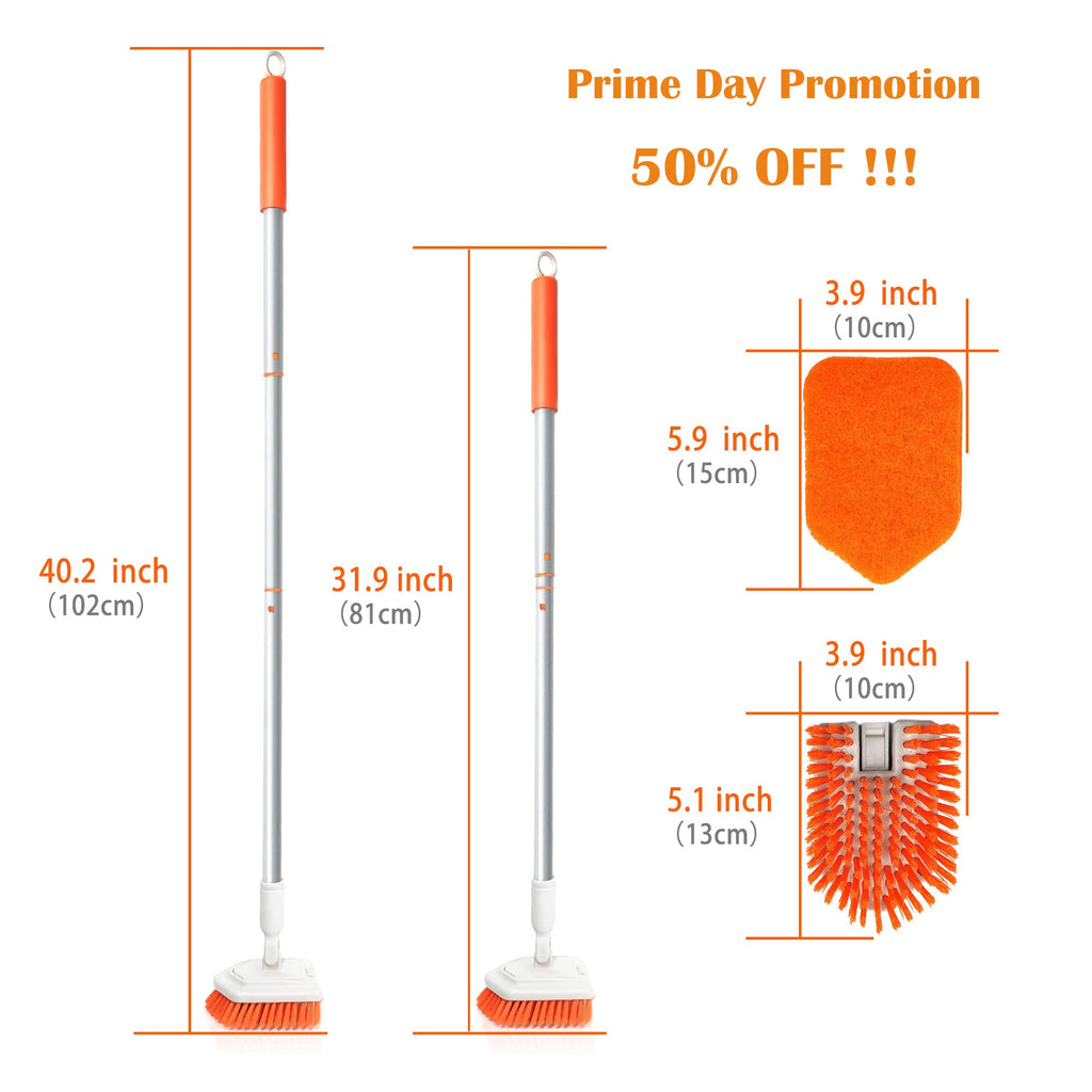 JEHONN Shower Scrubber 2-in-1 Tub and Tile Cleaning Brush with Long Handle, Detachable Stiff Bristle Scrub Brush and Sponge Head for Bathroom, Bathtub, Floor
