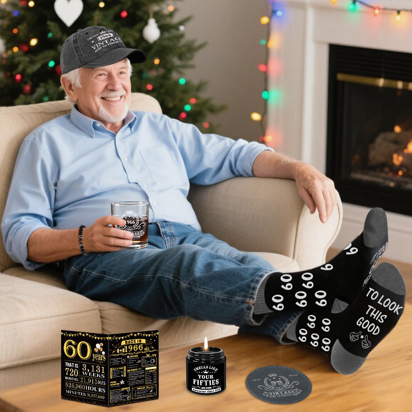 60th Birthday Gifts for Men, Cool 60th Birthday Decorations for Men, 60 Year Old Gifts for Man Who Have Everything, 1966 60th Birthday Gift Baskets for Man Whiskey Glass Baseball Cap Socks Stones