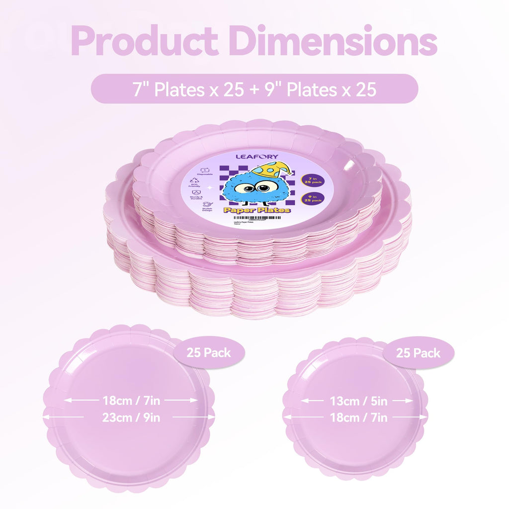Leafory 50 Pack Disposable Paper Plates Set – Includes 25 7" Dessert Plates & 25 9" Dinner Plates – Heavy-Duty, Eco-Friendly, Perfect for Parties, Picnics, and Events, Purple