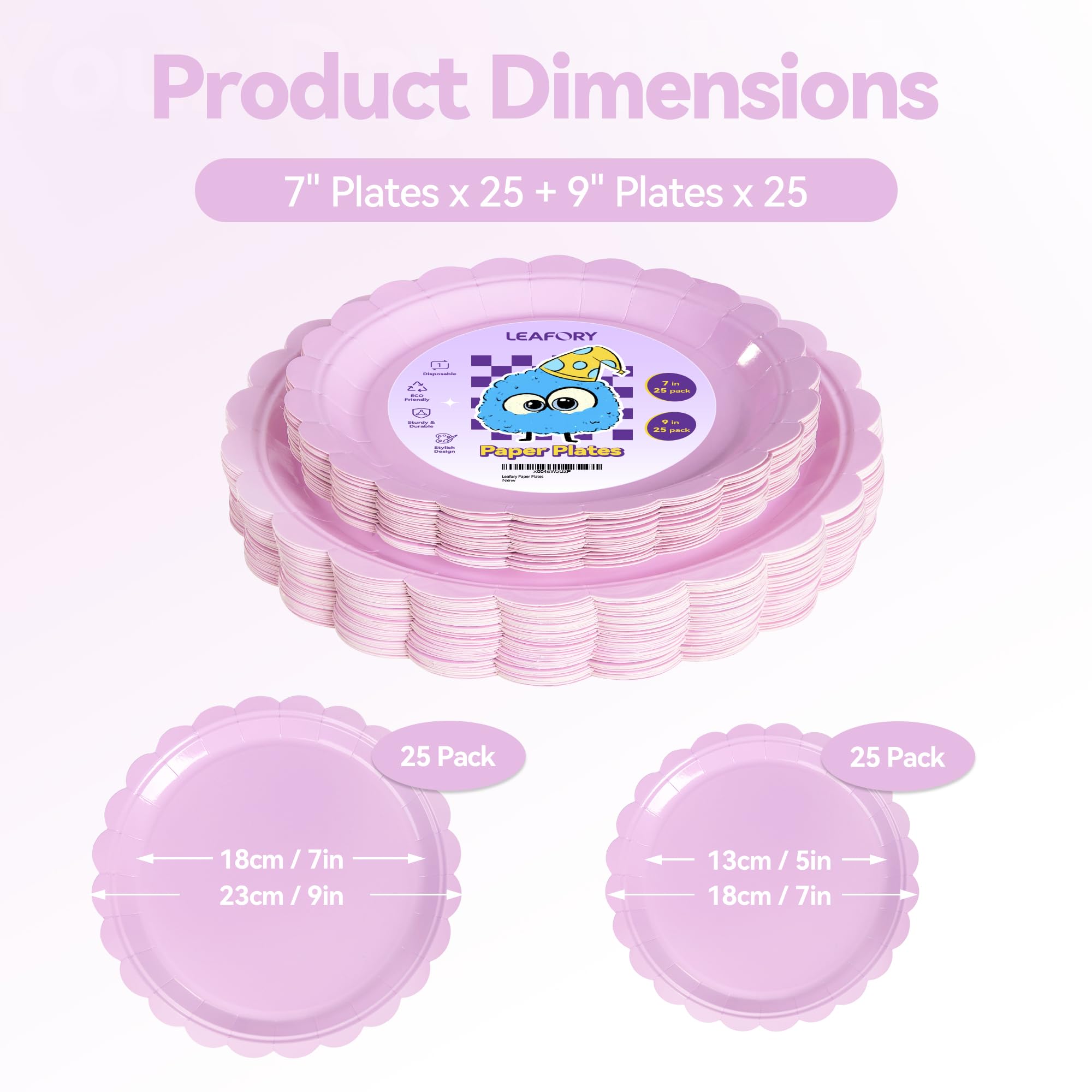 Leafory 50 Pack Disposable Paper Plates Set – Includes 25 7" Dessert Plates & 25 9" Dinner Plates – Heavy-Duty, Eco-Friendly, Perfect for Parties, Picnics, and Events, Purple