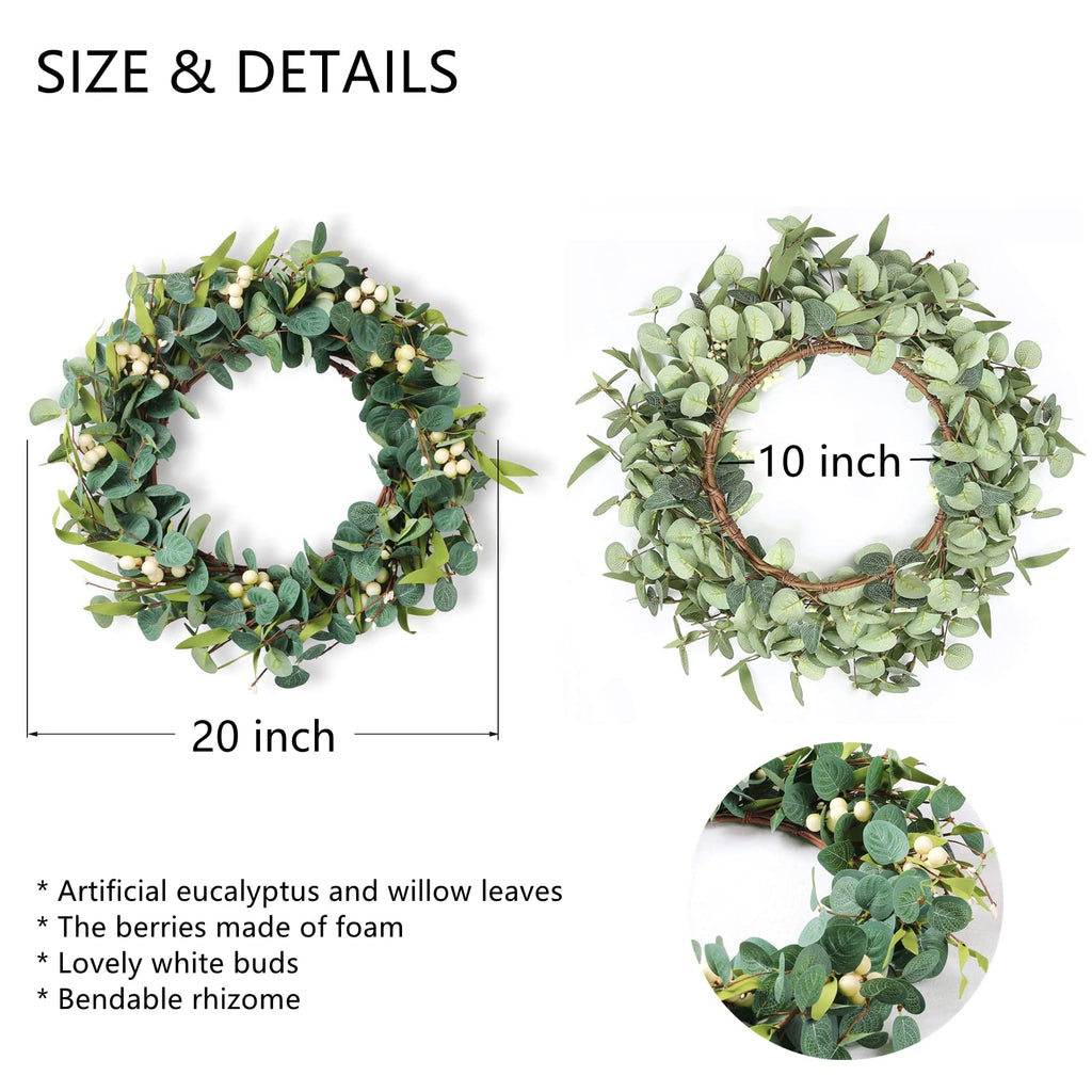 Weldomcor Green Eucalyptus Wreath for Front Door, 20 Inch Artificial Eucalyptus Leaves Wreath with Berries, Spring Summer Greenery Wreath for Indoor Outdoor Wall Window Festival Farmhouse Garden