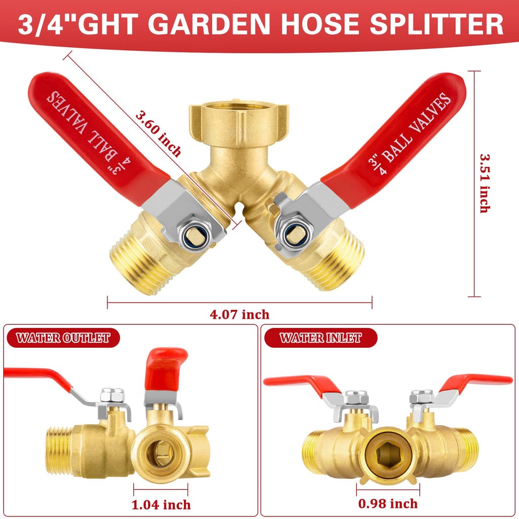 Garden Hose Splitter 2 Way, Heavy Duty Brass Water Hose Splitter with Stainless Steel Long Handle, 3/4" GHT Thread Garden Hose Y Splitter 2 Way, Full Flow Hose Splitter Connector