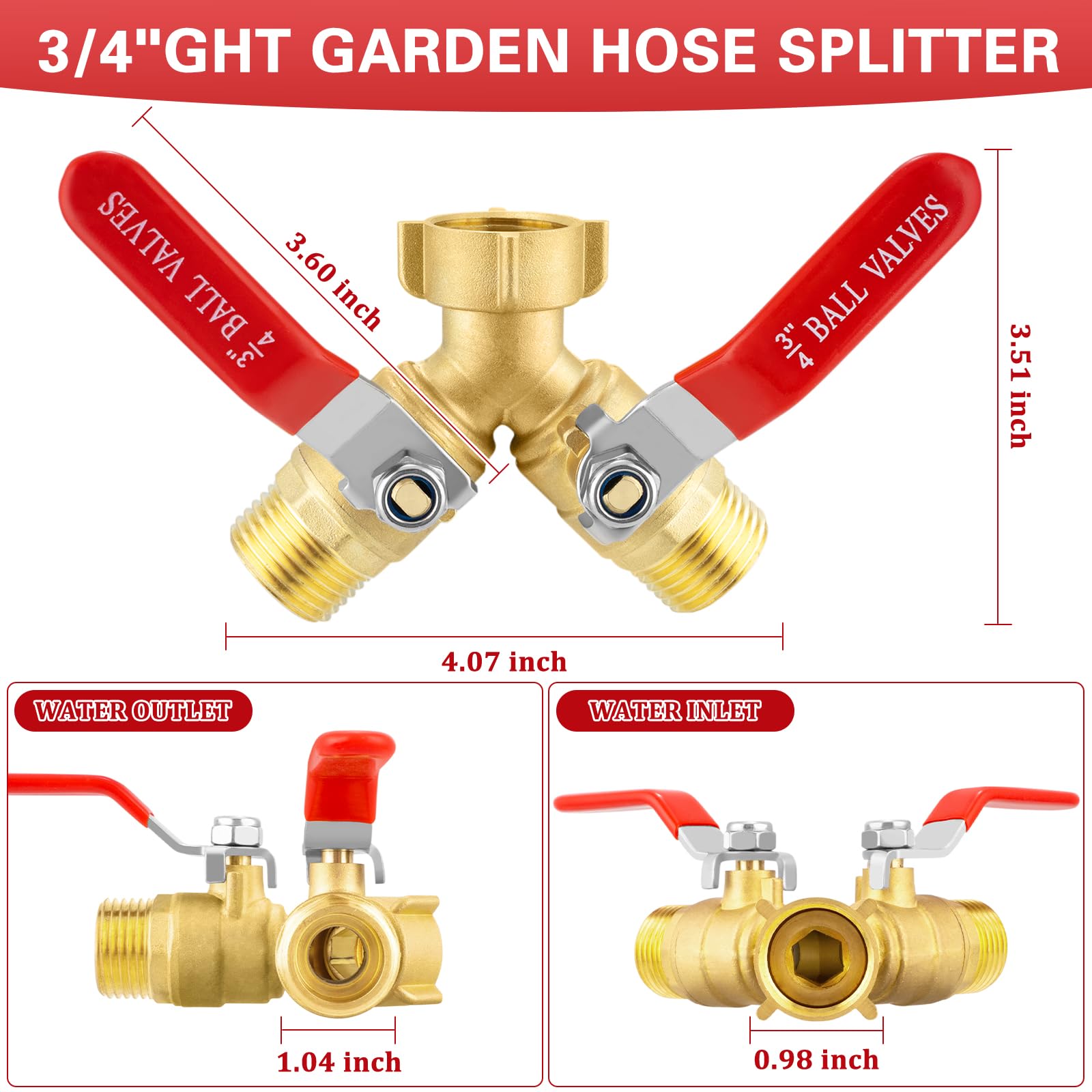 Garden Hose Splitter 2 Way, Heavy Duty Brass Water Hose Splitter with Stainless Steel Long Handle, 3/4" GHT Thread Garden Hose Y Splitter 2 Way, Full Flow Hose Splitter Connector
