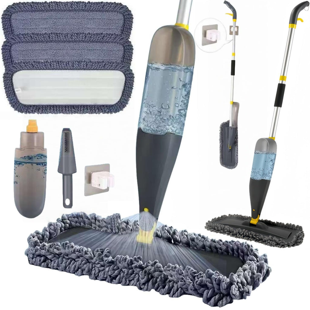 Qinsunny Washable Spray Mop for Floor Cleaning, Wet and Dry Microfiber Mop with 3 Reusable Pads & 800ml Refillable Bottle, Self-Cleaning Base for Hardwood, Laminate, Tile Floors