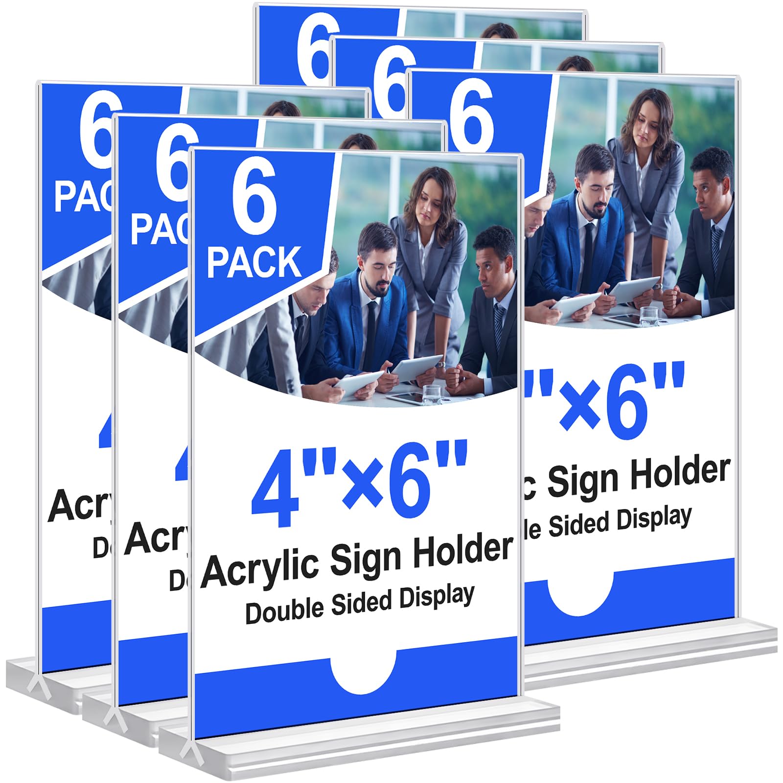Acrylic Sign Holder 4x6 Inches 6 Pack, Double Sided Clear Display Stand Table Top Sign Paper Holder, Vertical Menu Flyer Holder, Plastic Sign Frame for Stores, Restaurants, Hotels, Office (Vertical 4x6 Inch 6 Pack)