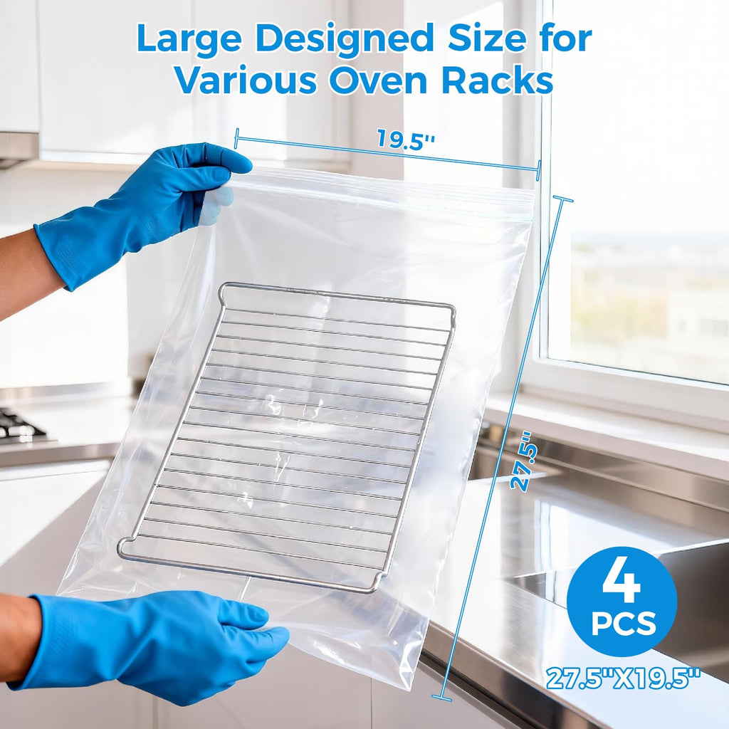 KYRGEU Large Oven Grill Cleaning Bags, Heavy Duty Oven Rack Cleaner Bags - No Messy Hands Reusable Soak-off Cleaning Kit for Grate & Grill Rack,No Cleaner Included (4 Packs 19.6''X27.5'')
