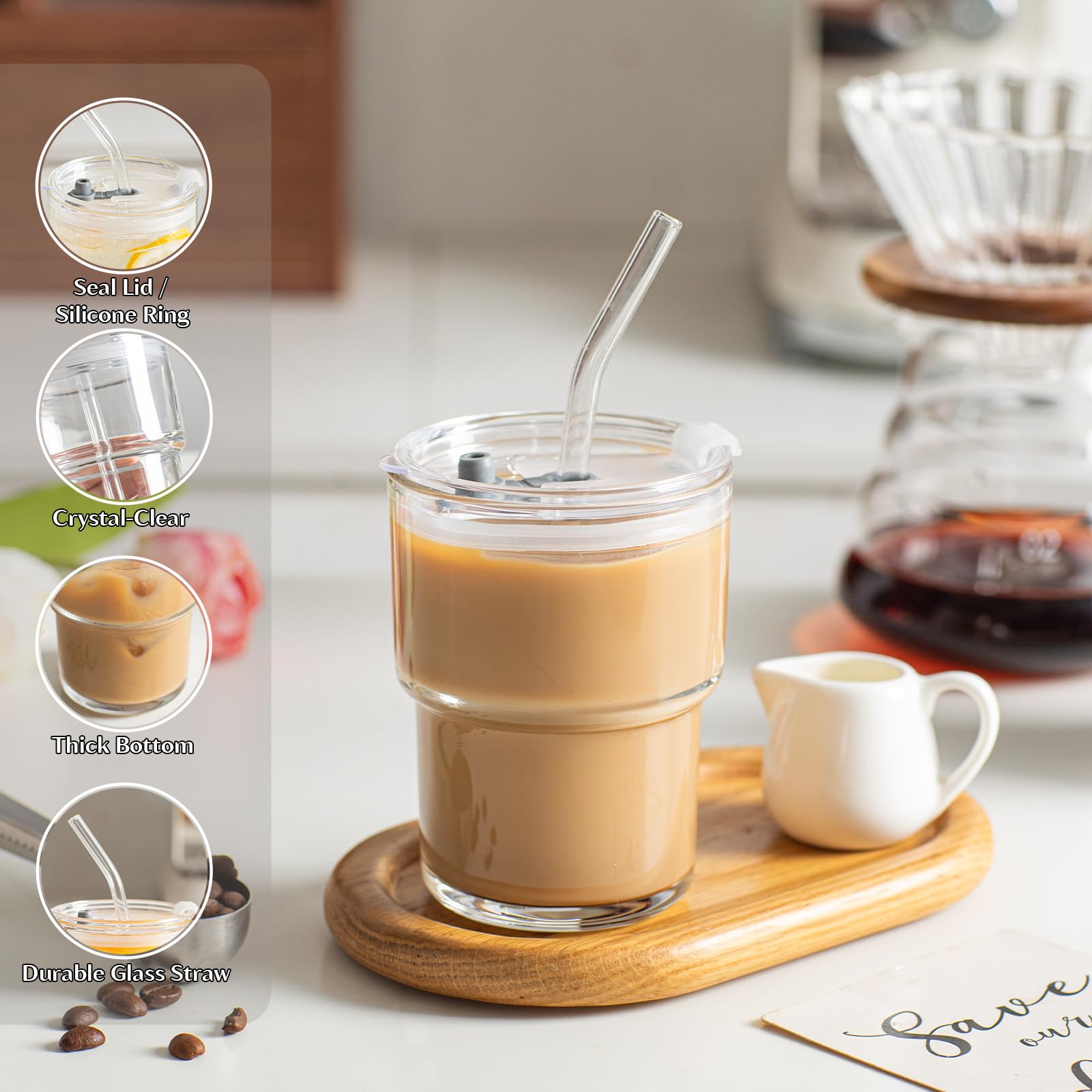 INSETLAN 13oz Portable Glass Tumblers Set of 4, Thick Wall Glass Cups with Lid and Glass Straw, On-The-Go Coffee Cups for Iced Coffee, Tea, Milk, Hot & Cold Drinks, Travel & Daily Use