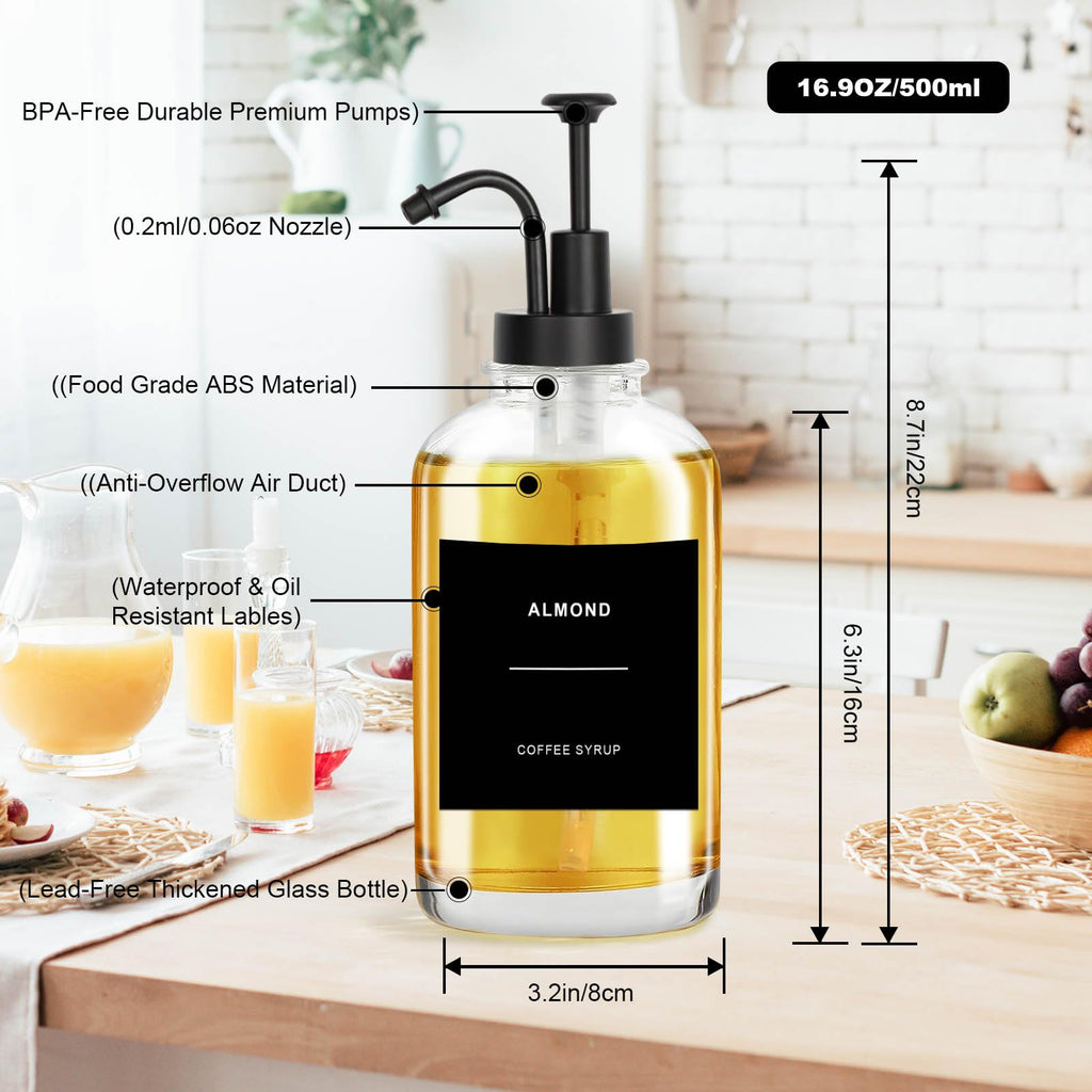 Sunal Set of 4 Coffee Syrup Dispenser, 500ml/16.9 oz Glass Pump Bottle With 36 Waterproof Labels and Funnel for Kitchen Coffee Bar Accessories