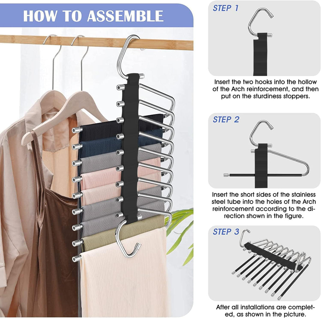 lazywoodpecker 9 Layers Pants Hangers Space Saving, Hangers for Closet Organizer Organization, Hangers for Leggings Jean Scarf Casual Pants Scarves, 2 Pcs (Black)