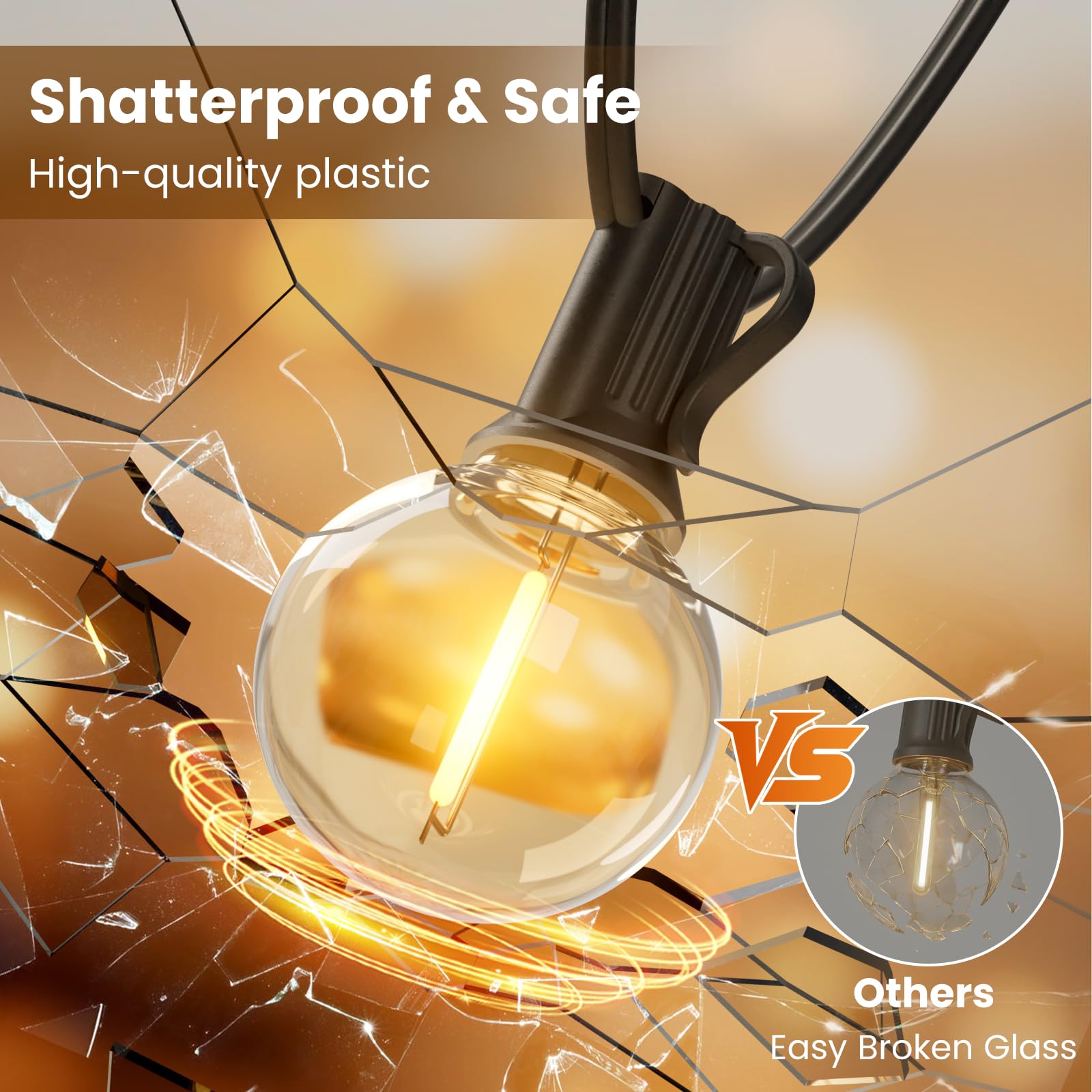 RTTY Outdoor String Lights Patio Light for Outside Waterproof G40 Shatterproof LED Bulbs, Dimmable Hanging Connectable Globe Lighting for Bistro, Backyard, Cafe, Porch, 2700K, 25 FT 13pcs