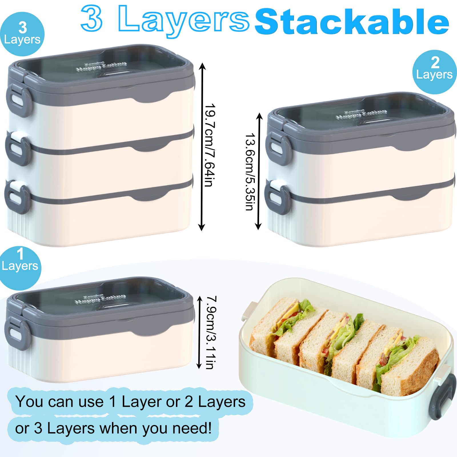 Bento Box Adult Lunch Box, Stackable 3 Layers Large Capacity Lunch Containers, Microwave and Dishwasher Safe Food Grade Containers with Utensils, Dividers and Sauce Boxes for Men, Women, Kids