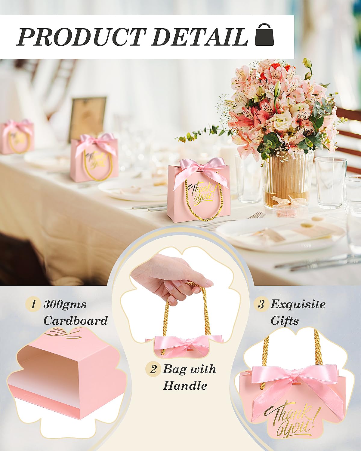 EQOREIIN 30 Pack Thank You Gift Bags with Handles 5.5 x 2.4 x 4.7 Inches Small Gift Bags with Bow Ribbon Party Favor Bags Paper Gift Bags Bulk for Baby Shower, Wedding, Party Favor, Birthday, Celebration(Pink)