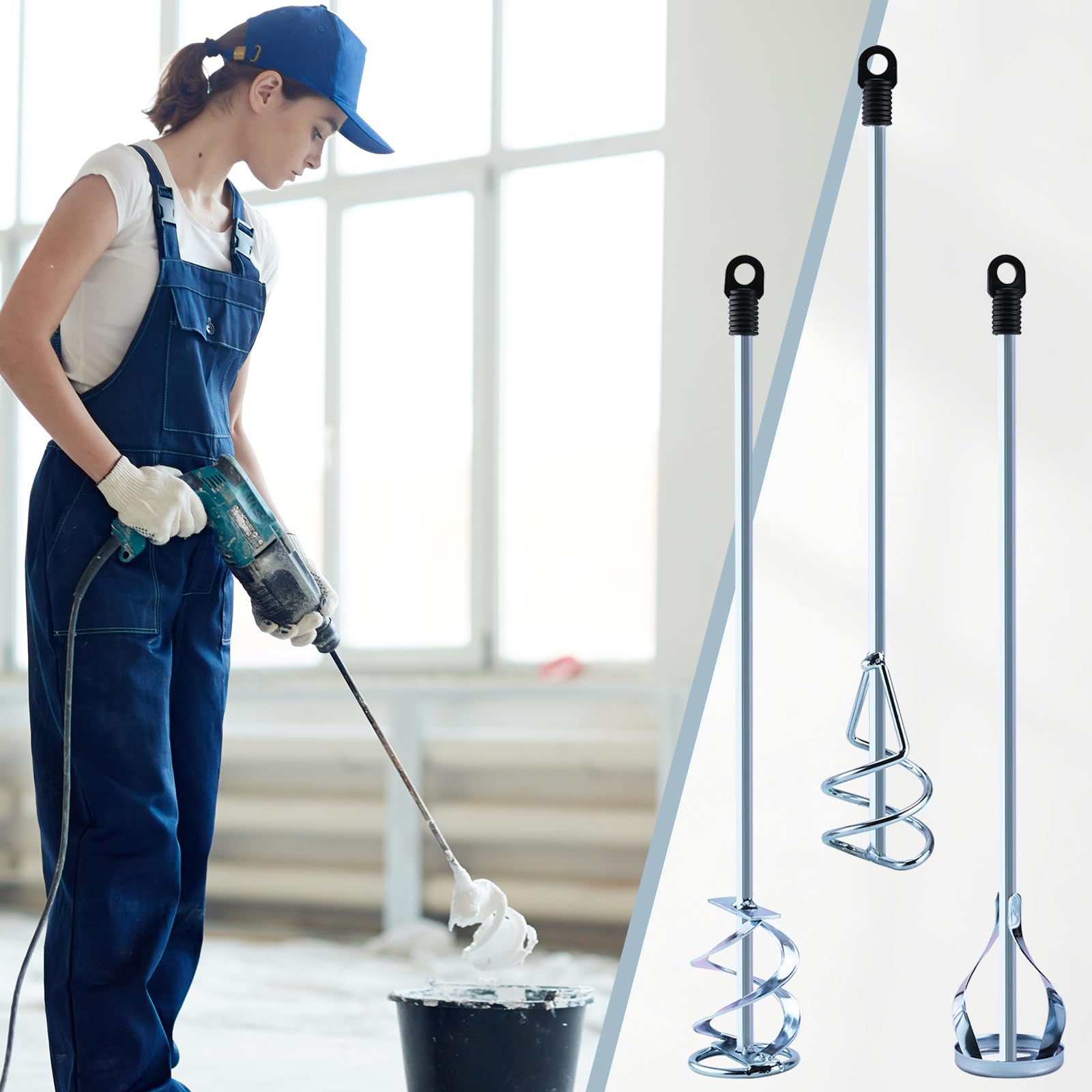 Patioer Paint Mixer Set for Drill, Epoxy Resin Mud Cement Paint Stirrer for 1-5 Gallon Buckets, 15 3/4" Length 5/16" Hex Shaft Zinc Plated Steel Mixer, 3PCS