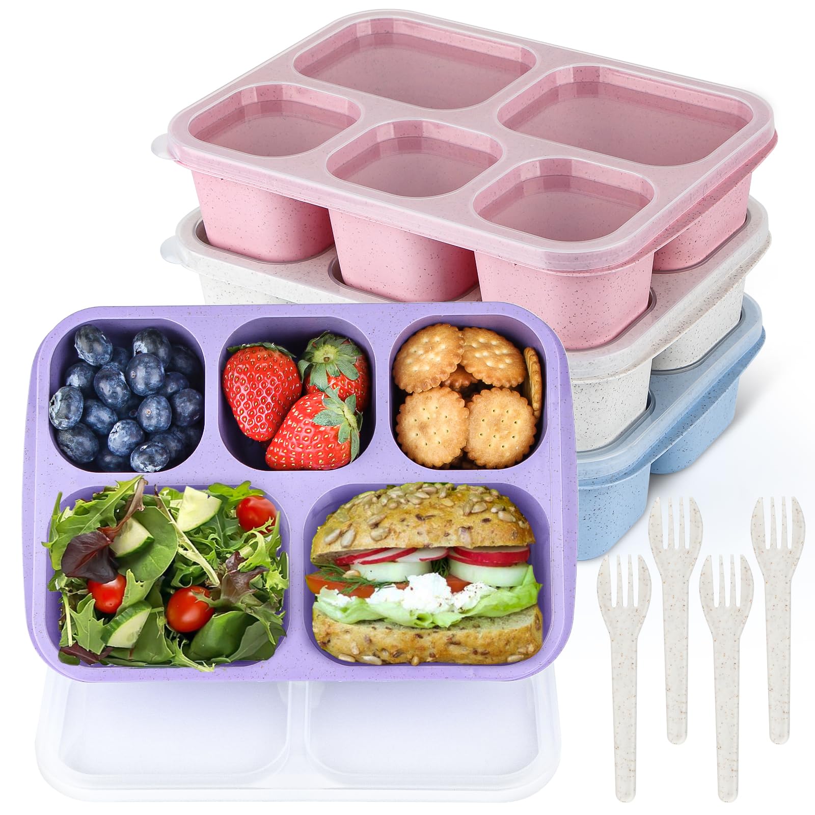 MaMix Bento Box Adult Lunch Box, 5 Compartment Bento Box for Adults 4 Pack, Reusable Stackable Snack Containers for Kids Adults with Utensils, for School, Work, and Travel (Wheat)