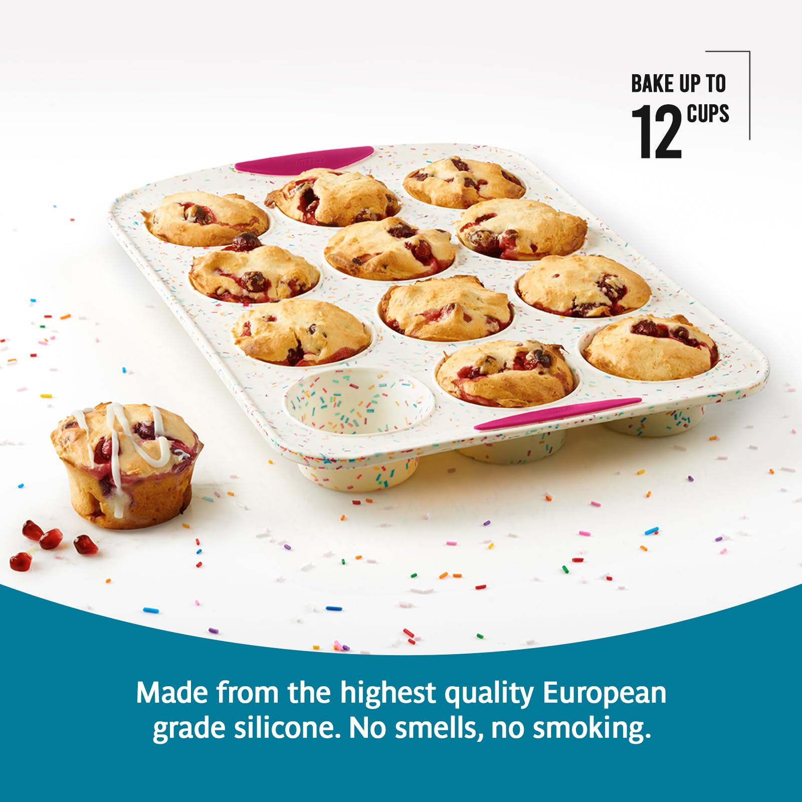 Trudeau Structured Silicone Cupcake and Muffin Pan with Integrated Steel Structure, 12 Cup, Confetti/Fuschia