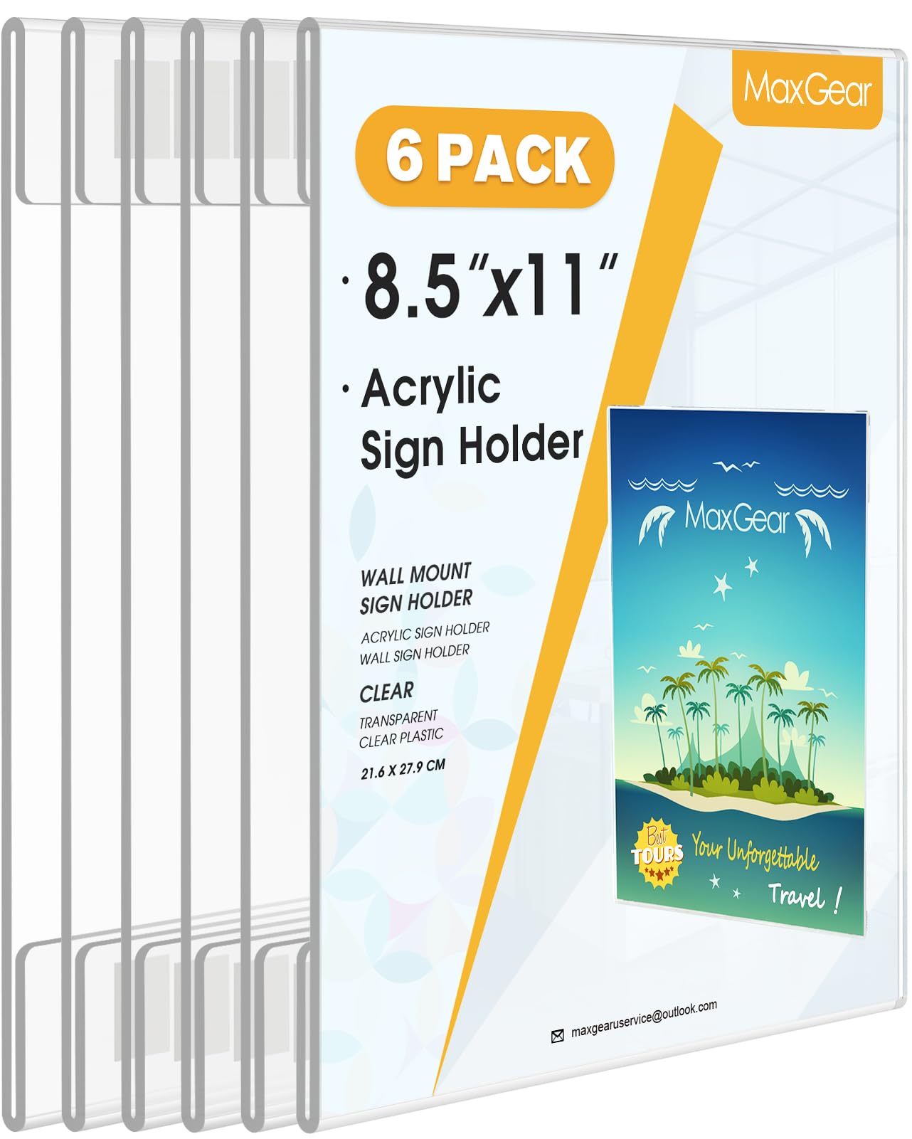 MaxGear 6 Pack Acrylic Sign Holder 8.5 x 11 Wall Mount Sign Holder with Double-Sided Tape, Clear Plastic Sign Holders, Plexiglass Document Flyer Paper Acrylic Frame for Office, Home, Store, Restaurant