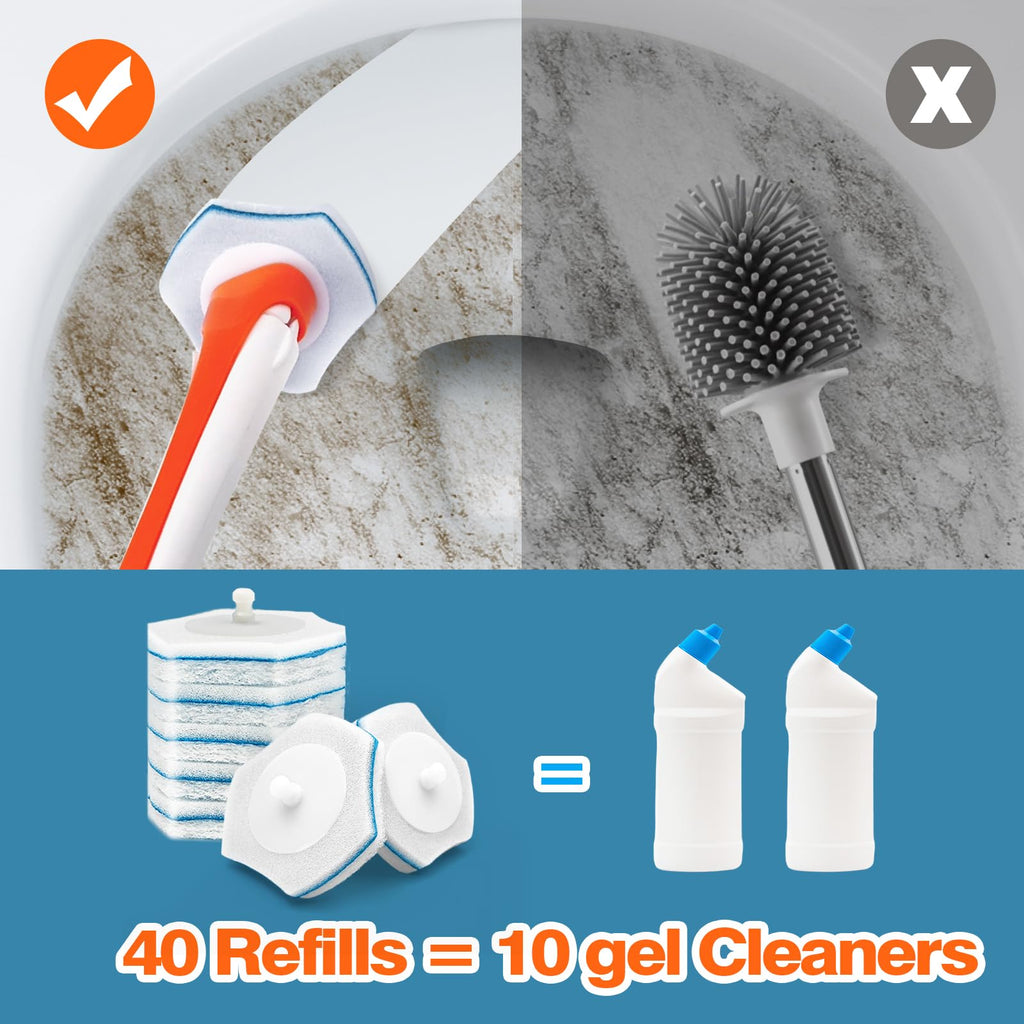 Dolanx Disposable Toilet Brush with 40 Refills, Wall Mounted Long Handle Compact Bathroom Bowl Cleaner Wand Holder Set for Sink Bathtub Wash Basin Mop Pool (Orange)