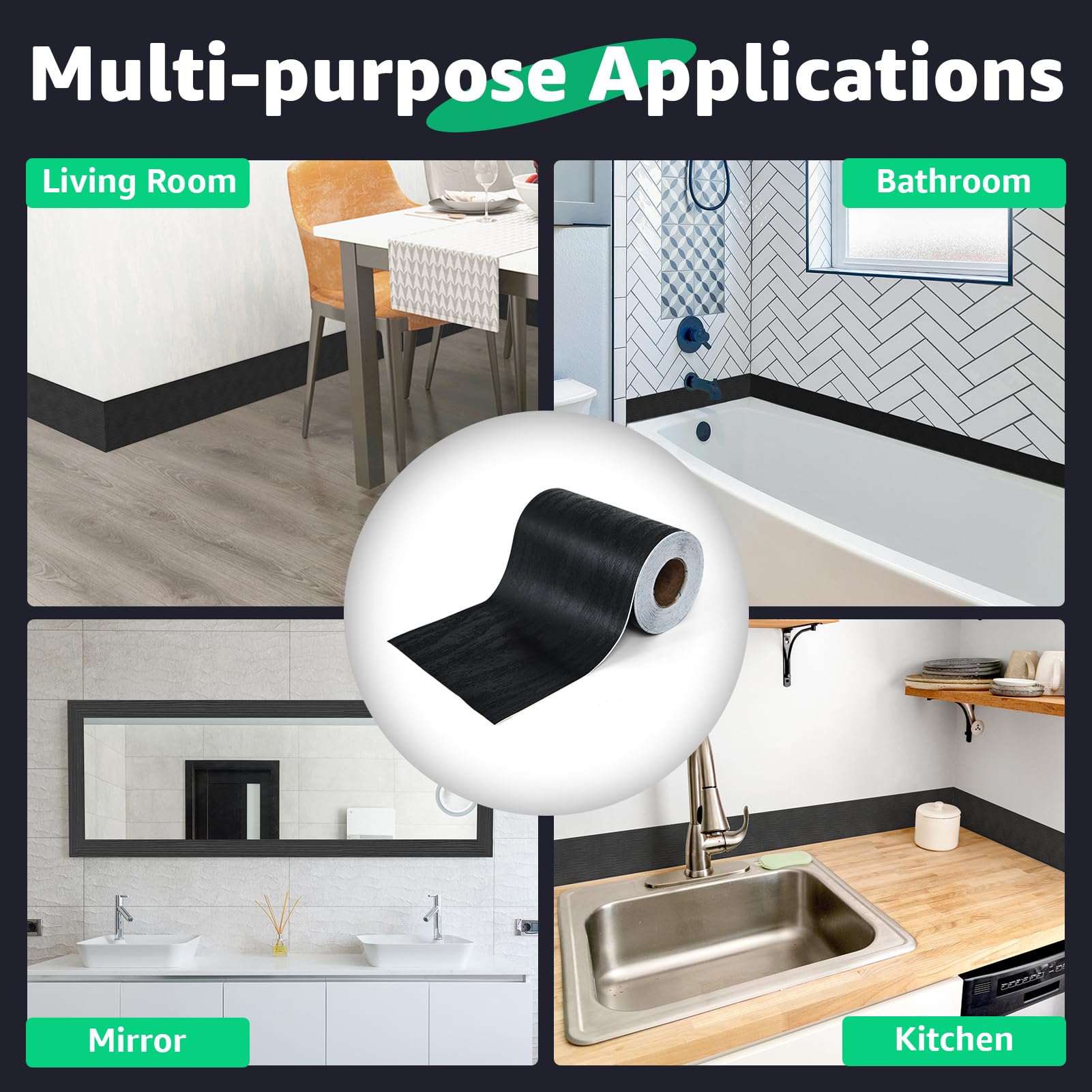 LONGKING 32ft x 4.2in Black Mirror Tape Border, Peel and Stick Mirror Border for Bathroom, Waterproof PVC Wallpaper, 393x4.2 in