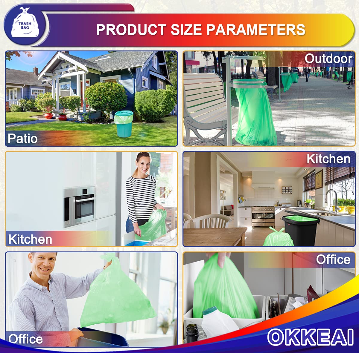 OKKEAI Biodegradable Garbage Bags 13 Gallon Tall Kitchen Trash Bags Compostable Bags Recycling 49 Liter Bin Liners for Lawn Kitchen,Home,Office,Green,60 Counts(Fits 10-15 Gallon Bins)…