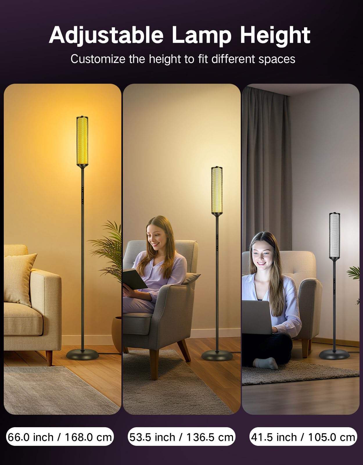OUTON Bright Smart Floor Lamp with Remote, App & Touch Control, RGB Color Changing Standing Lamp, 2200K-6500K Dimmable, 3 Adjustable Heights, 32 Scenes for Living Room Bedroom Office,Black & Metal