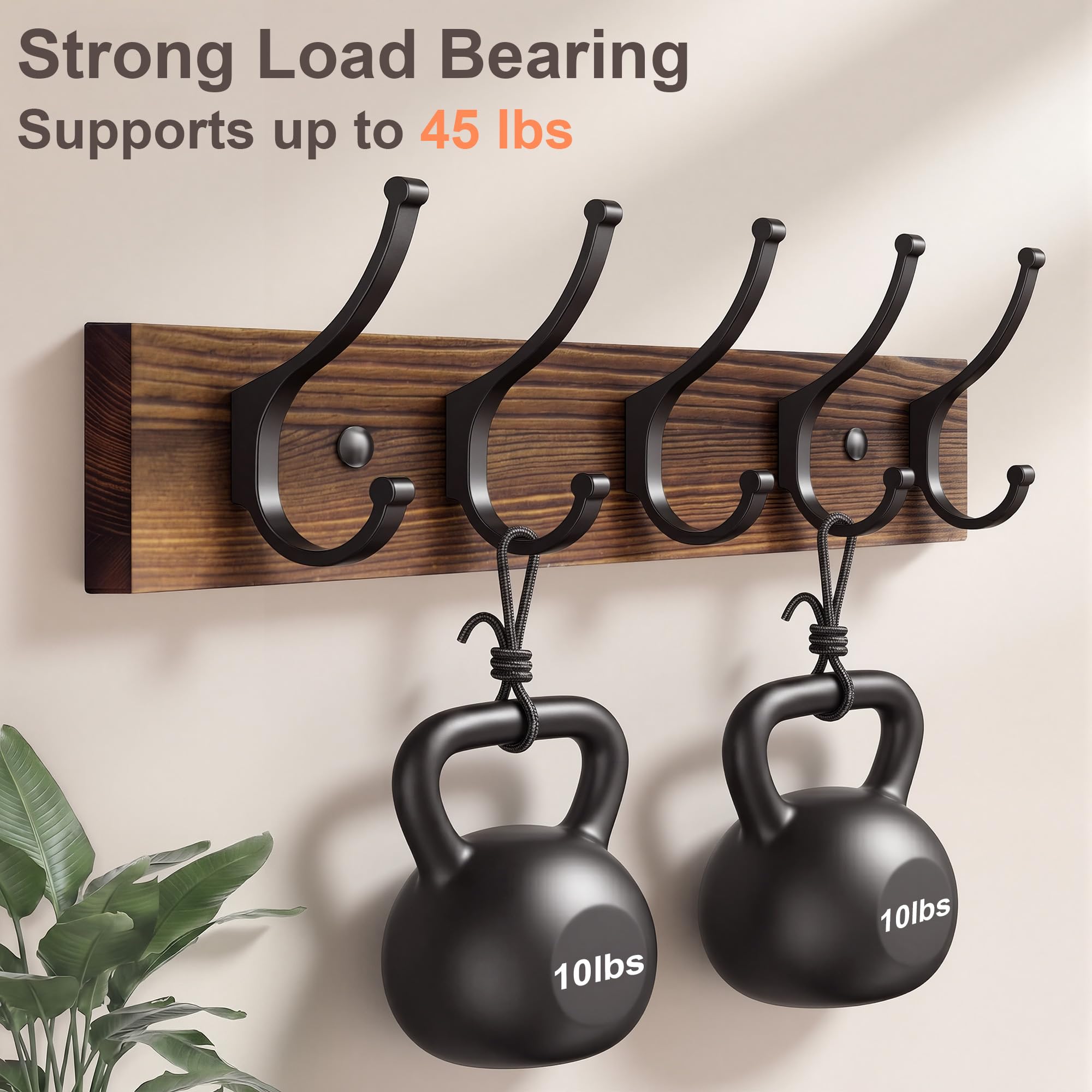 Optish 2 Pack Wooden Coat Rack Wall Mount, 16.1" Rustic Coat Hanger Hooks Wall Mount, Wall Coat Rack for Hat, Clothes, Bags, Jacket - Brown