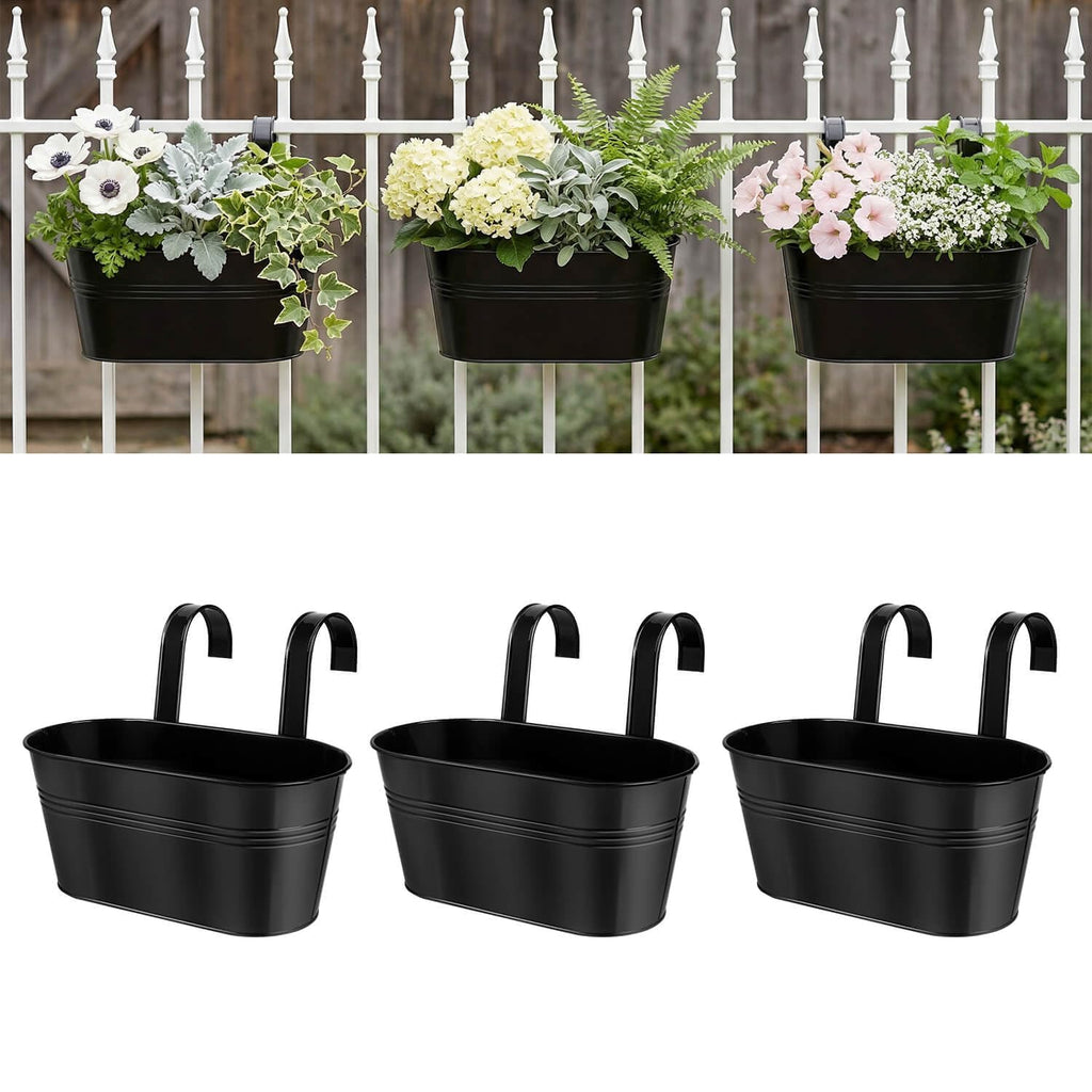 vensovo Metal Railing Planter for Outdoor Plants - 3 Pack Balcony Hanging Planter Box with Detachable Hooks and Drain Holes Oval Hanging Pots Fence Planters for Railing Garden Fence, Black