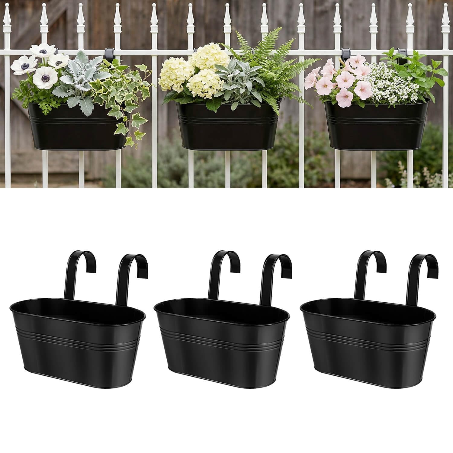 vensovo Metal Railing Planter for Outdoor Plants - 3 Pack Balcony Hanging Planter Box with Detachable Hooks and Drain Holes Oval Hanging Pots Fence Planters for Railing Garden Fence, Black